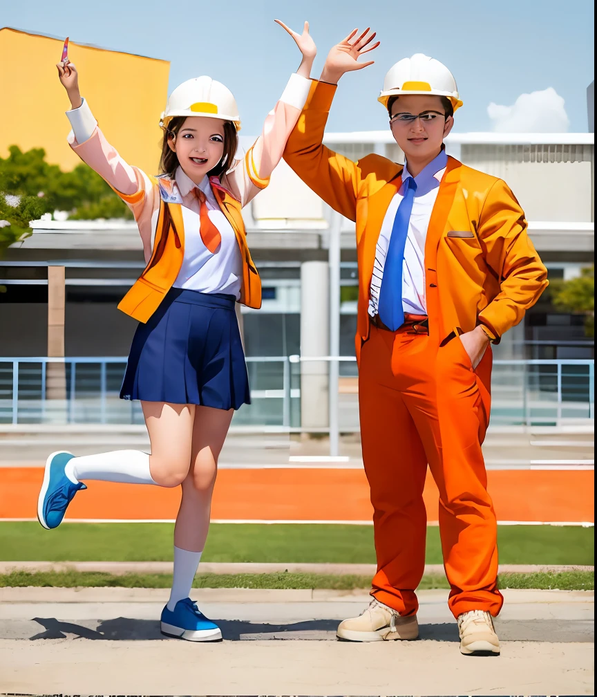 Cartoon images of boys and girls in civil engineering uniforms, Wearing an orange civil engineering uniform, Wear an orange hard hat,Two students pose for a group photo, Japan High School, school uniform, Pose(Arms up + cheerfulness), exciting illustration, seifuku, Magical school student uniform, Japanese animation style, Boy and girl