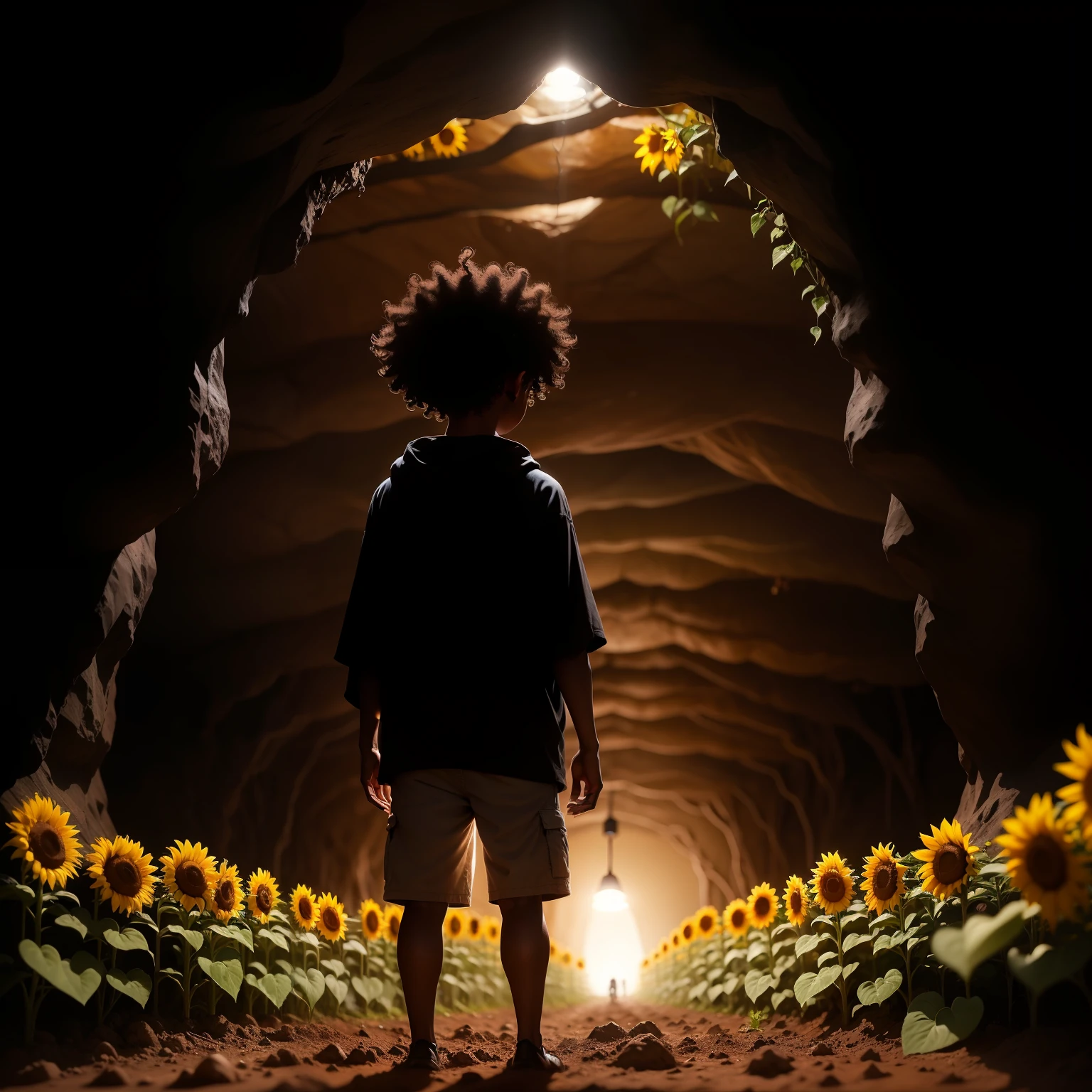 the silhouette of a black boy with curly hair in a dark cave with the focus of lighting on a sunflower that is sprouting in the ground