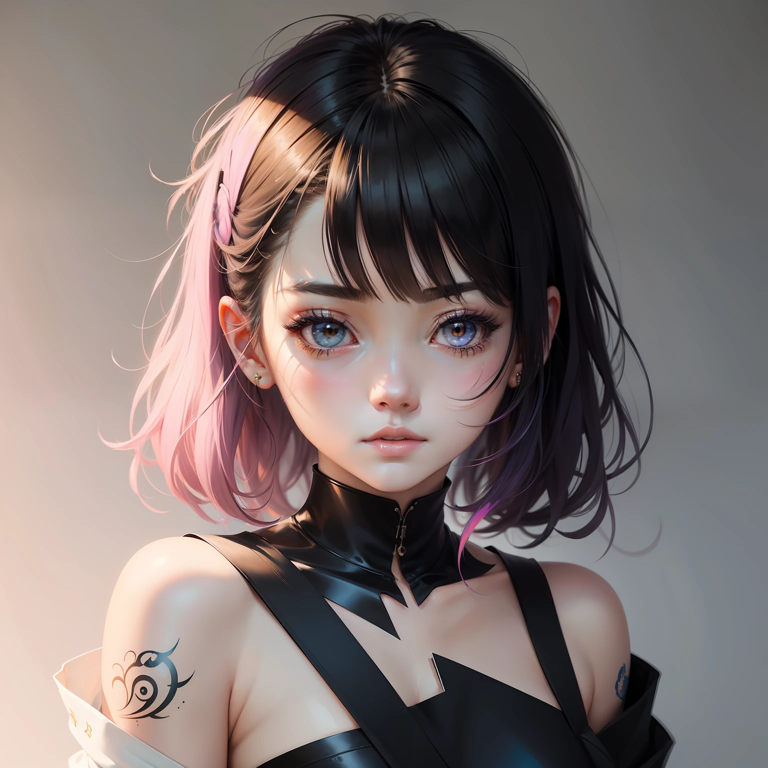 Line Art,a woman of agnes cecile、Bright design、PastelColors、Ink dripping、autumn lights 、Bangs、quill、Beautuful Women、Eyebrows are visible、Beautuful Women、Beautie、long lashes、fine portrayal、Precise depiction。Line drawing。A Japanese Lady。Short black hair。The tattoo。piercings。bangle。Fluorescent pink hair stopper。Plain background。White background、animesque、charicature、heroine,abstract painting、mode、Contemporary art