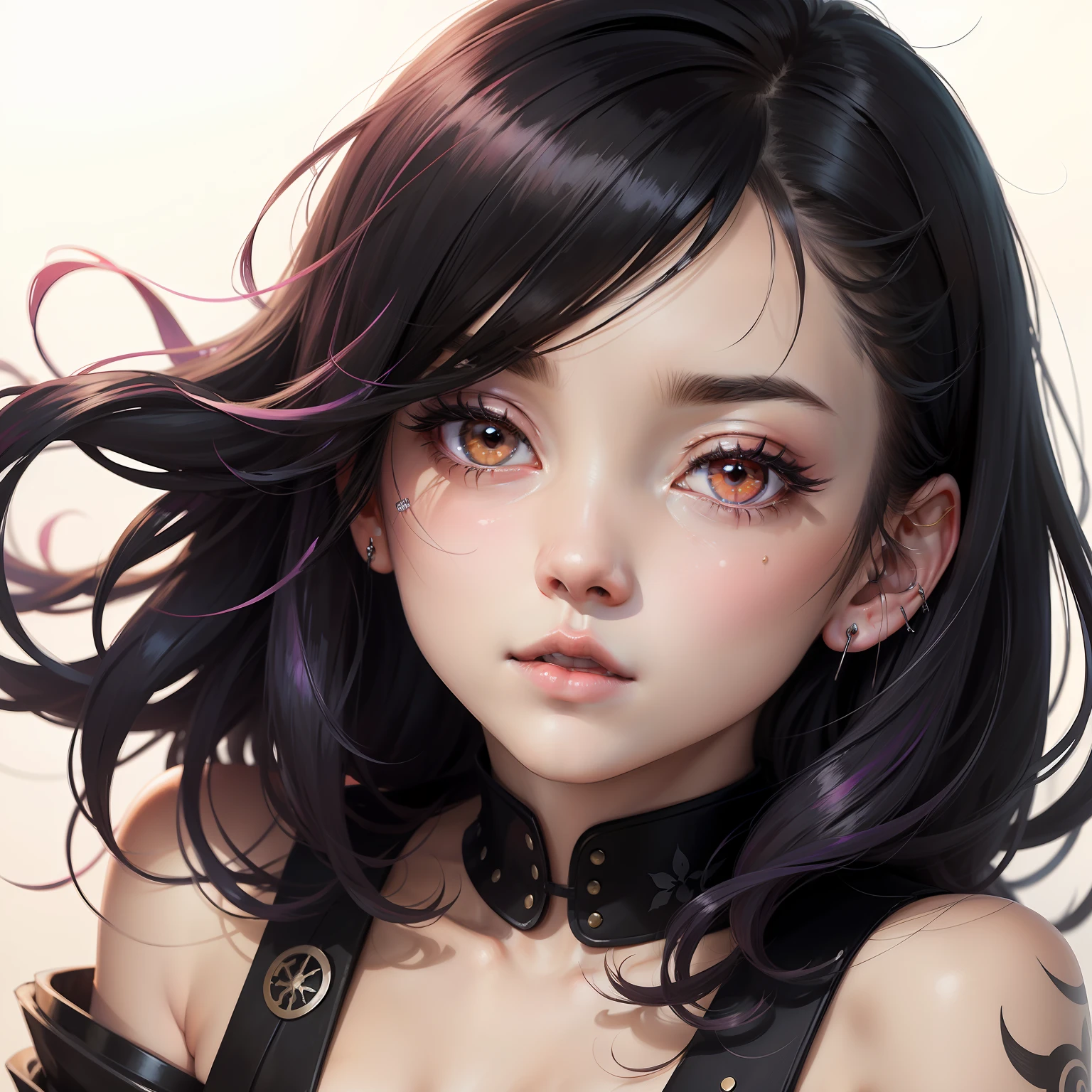 Line Art,a woman of agnes cecile、Bright design、PastelColors、Ink dripping、autumn lights 、Bangs、quill、Beautuful Women、Eyebrows are visible、Beautuful Women、Beautie、long lashes、fine portrayal、Precise depiction。Line drawing。A Japanese Lady。Short black hair。The tattoo。piercings。bangle。Fluorescent pink hair stopper。Plain background。White background、animesque、charicature、heroine,abstract painting、mode、Contemporary art