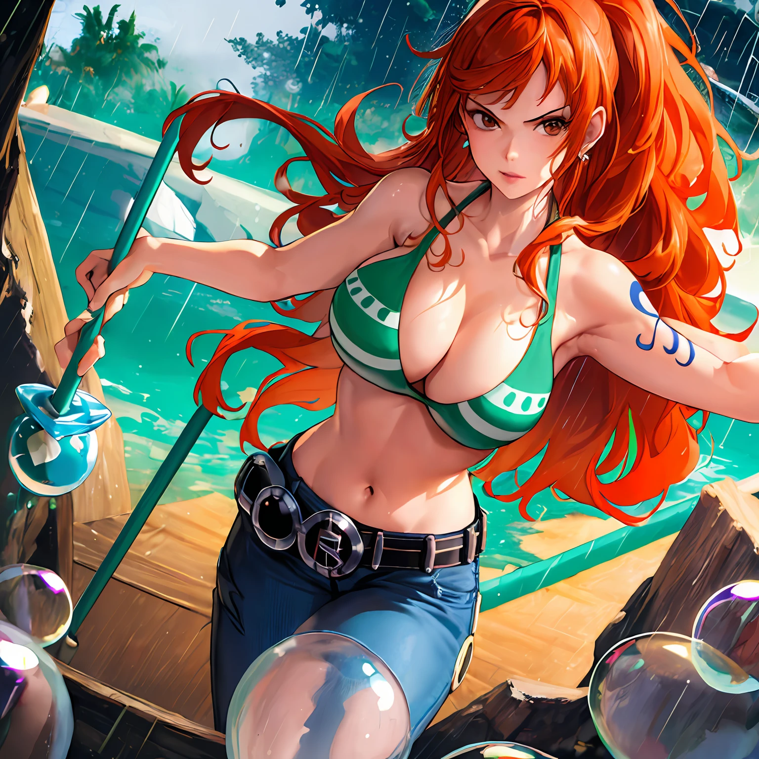 (Masterpiece:1.4), (best quality:1.4), ultra highres,1girl,solo,extremely detailed,8k, beautiful, detailed eyes, looking at viewer, strong dark colors, (depth of field), (dynamic), (epic), sharp focus, (intricate details:1.2), Full color, nami \(one piece\),bangs, bare shoulders, belt, bikini, bikini top only, bracelet, breasts, brown eyes, ((bubble)),((lightning and rain)),cleavage, denim, earrings, floating hair, green belt, green bikini, groin, jeans, jewelry, large breasts, ((log pose)), long hair, navel, orange hair, pants, shoulder tattoo, sidelocks, serious, stomach, swimsuit, tattoo,(one piece),(strong pose:1.2),((holding baton)), attacking, fighting,