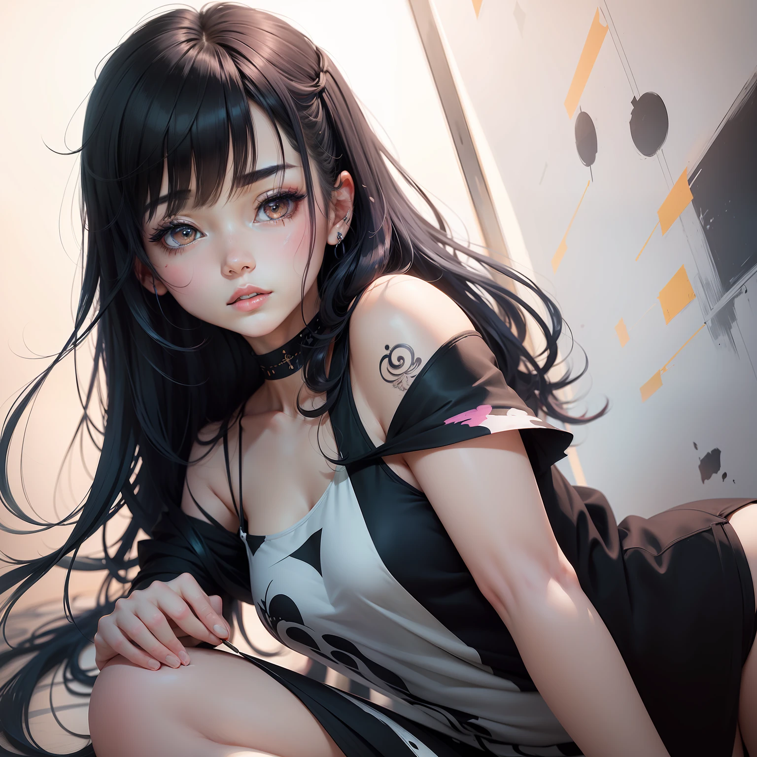 Line Art,a woman of agnes cecile、Bright design、PastelColors、Ink dripping、autumn lights 、Bangs、quill、Beautuful Women、Eyebrows are visible、Beautuful Women、Beautie、long lashes、fine portrayal、Precise depiction。Line drawing。A Japanese Lady。Short black hair。The tattoo。piercings。bangle。Fluorescent pink hair stopper。Plain background。White background、animesque、charicature、heroine,abstract painting、mode、Contemporary art
