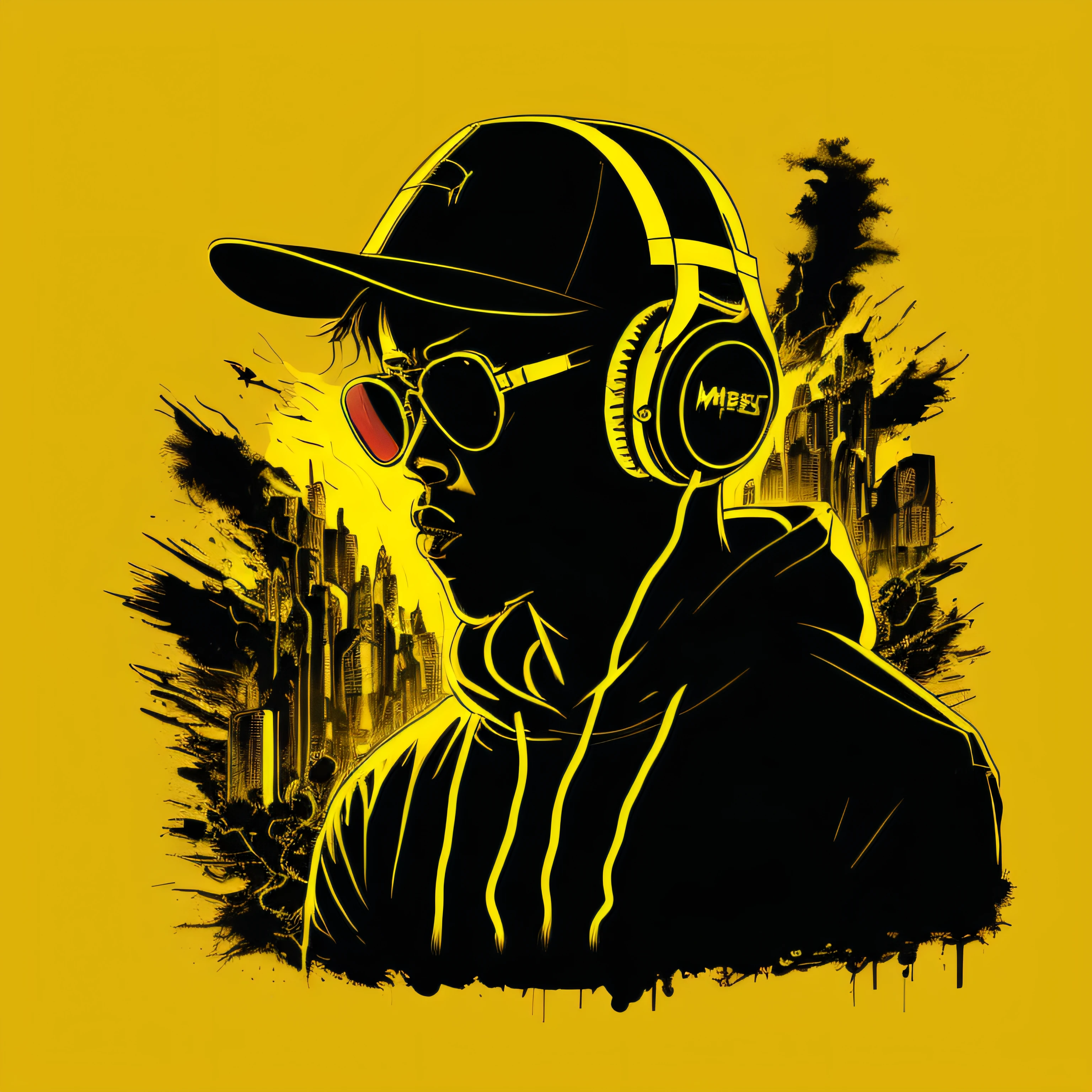 (masterpice) hooded cyberpunk man with music headphones in the head and looking straight ahead,(yellow and black), (empty background :1.5), streetwear, colofull, outlined, centered, stunning illustration, wide shot, realistic, intricate, vibrant, extremely sharp, detailed, majestic, high resolution, as a t-shirt logo in the style of MAGIFACTORY