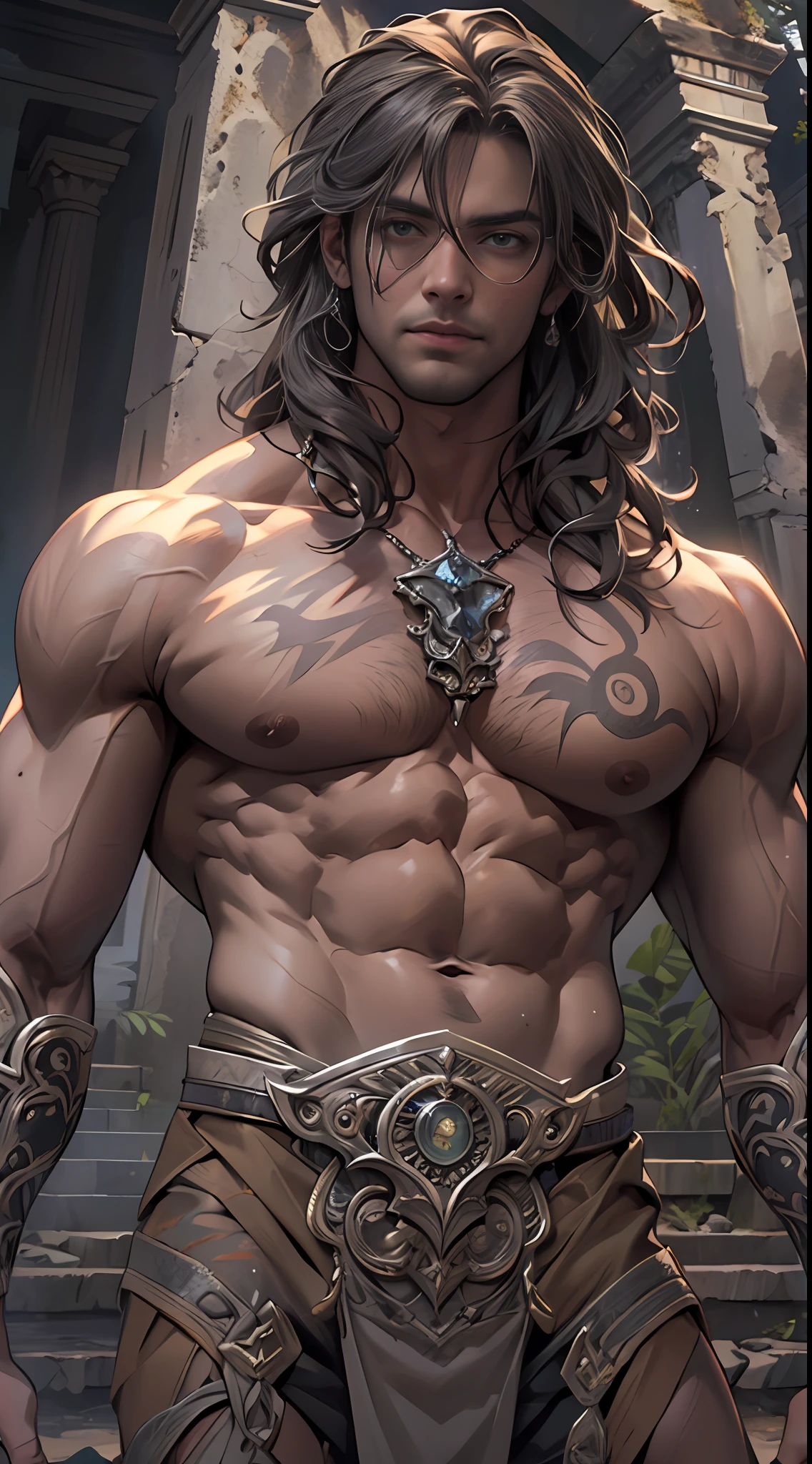 Ripped hero, shirtless upper body, legs revealed from thighs to feet, cascading long curls, intricate muscular details, photorealistic artwork, 4K resolution. Background: Mystic ancient ruins with glowing symbols,32k uhd, best quality, masterpiece, super detail, high details