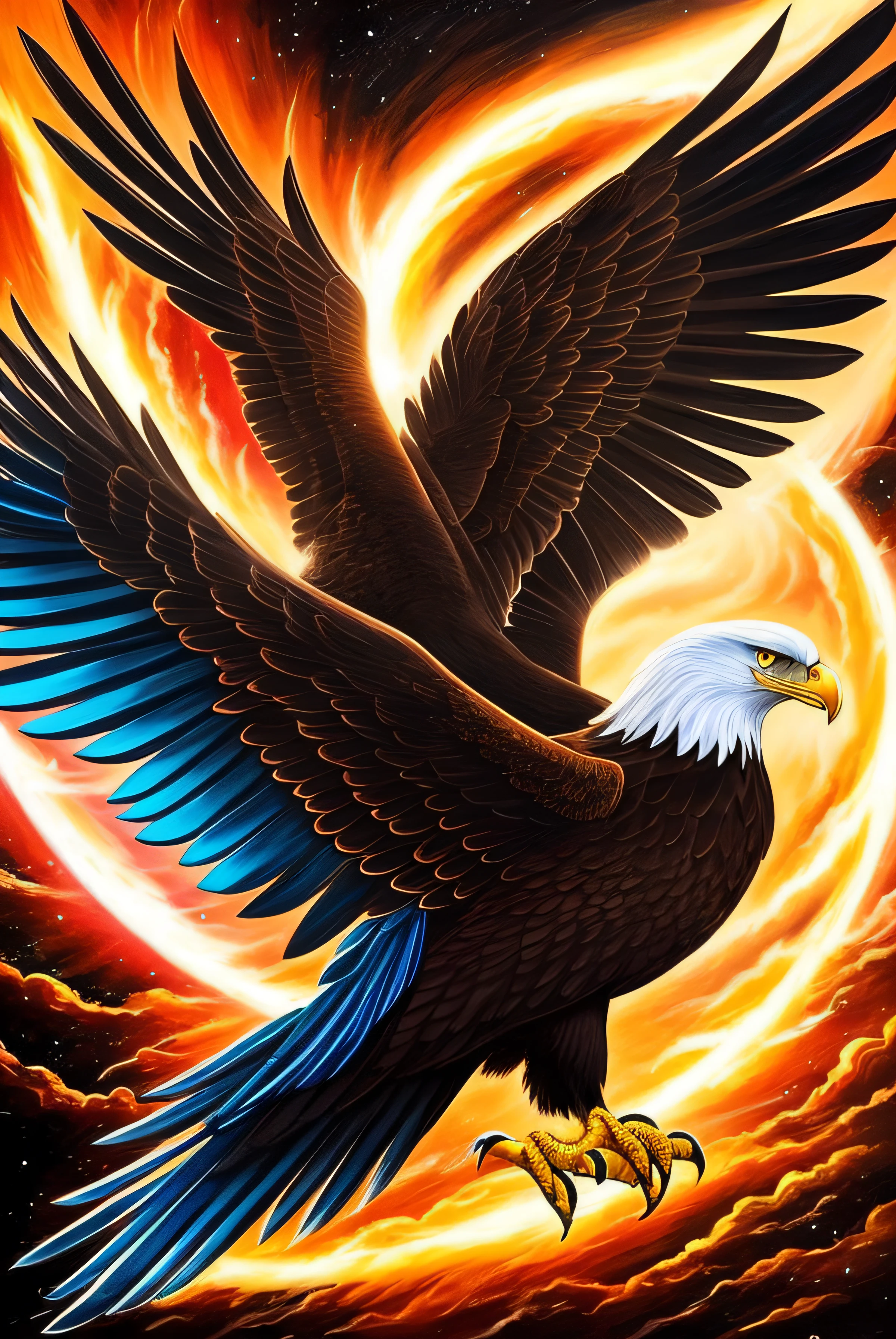 a painting of a colored eagle on a black background,, breathtaking rendering, within a radiant connection, inspired by Kinuko Y. Craft,, magical elements, kitten icon, wow, is beautiful, casting a multi colorful spell, bright flash, flash