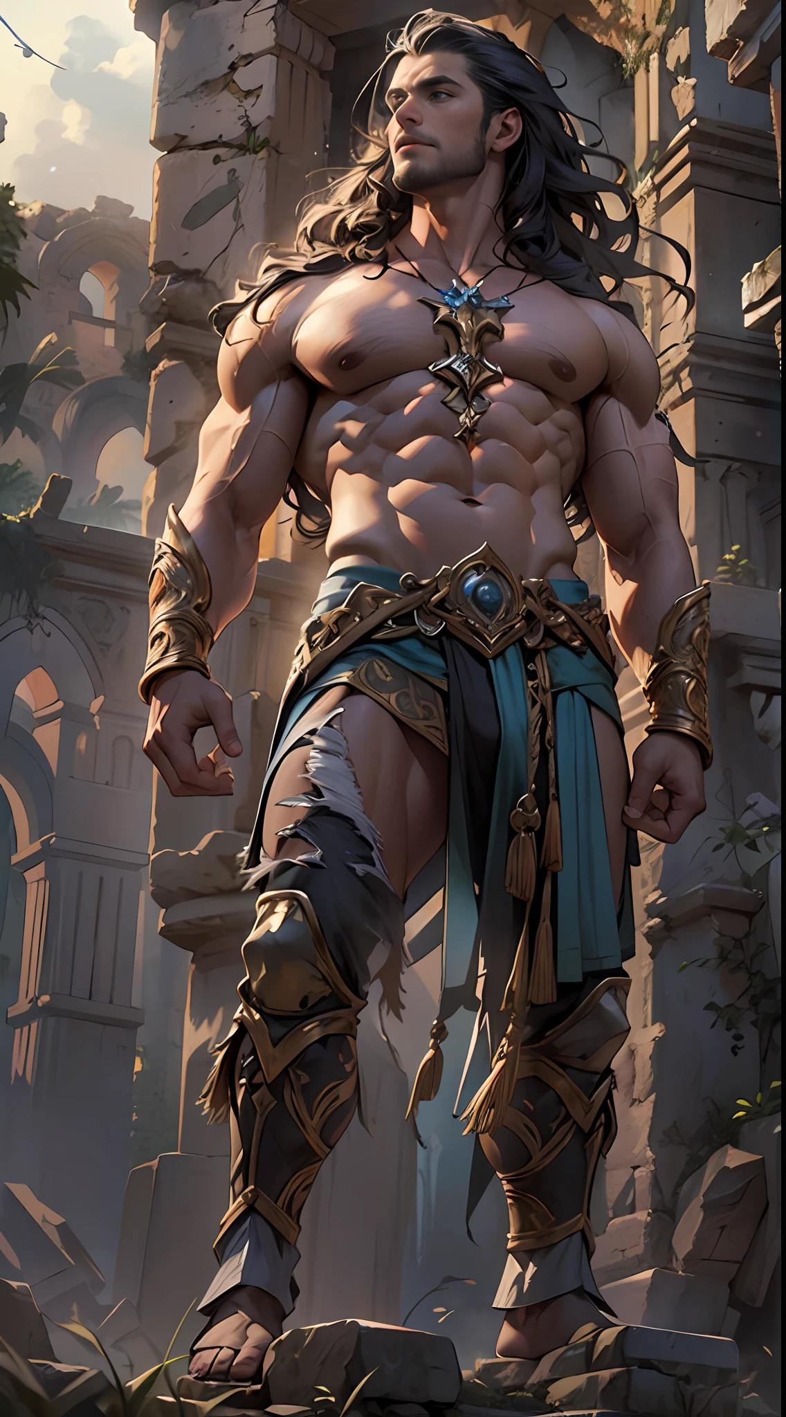 Ripped hero, shirtless upper body, legs revealed from thighs to feet, cascading long curls, intricate muscular details, photorealistic artwork, 4K resolution. Background: Mystic ancient ruins with glowing symbols,32k uhd, best quality, masterpiece, super detail, high details