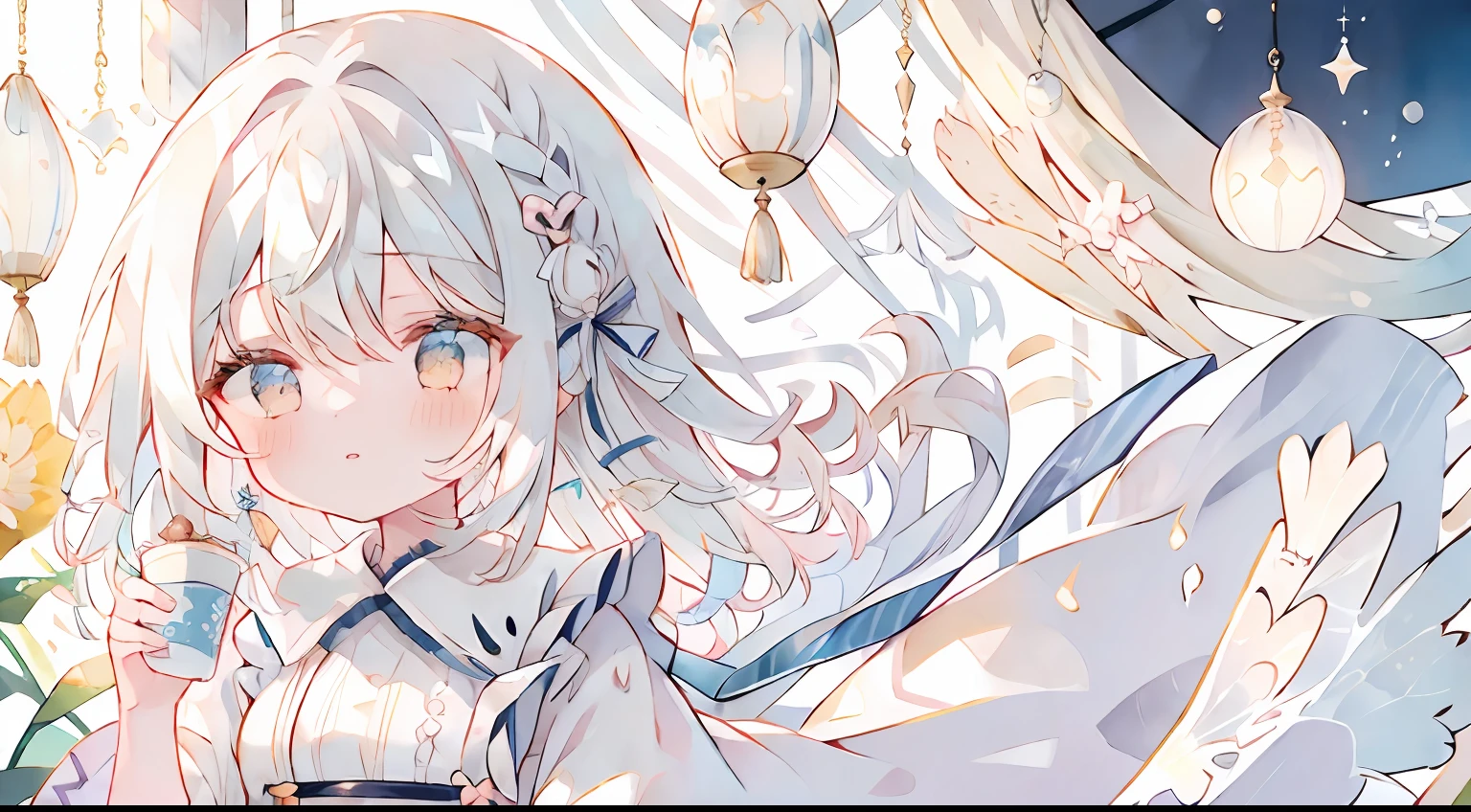 One girl、fluffy hair、Wavy Hair、white hair、whipped cream、Fluffy dresses、masterpiece、Top image quality、top-quality、cute little、Calm、Muffled dresses、cream-colored、