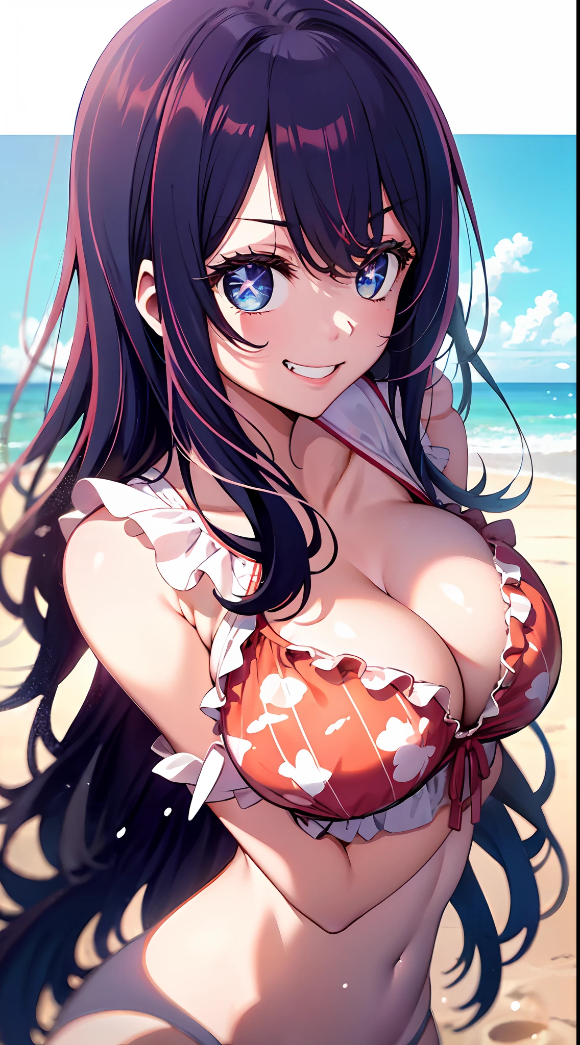 Ai Hoshino，Cute girl，（Poor milk，small boobs），（Wear a frilled swimsuit，big breasts exposed cleavage），happy grin，beachside，sea beach，midsummer，Songkran art，best qualtiy， tmasterpiece， 超高分辨率，Perfect light and shadow，Delicate