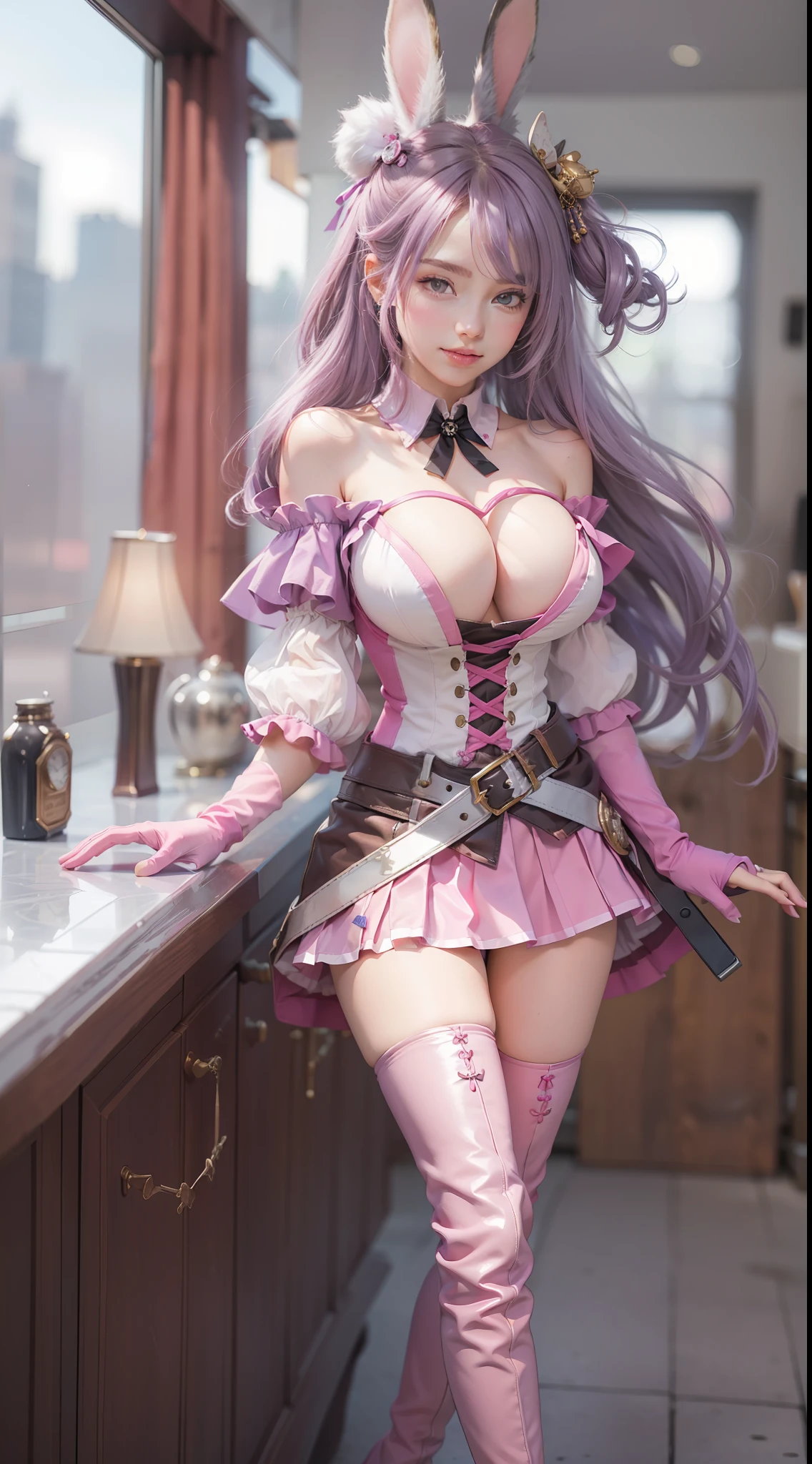 1girll, Purple hair, Long hair, bunny hair ornament, Pink dress, Collared shirt, Pink gloves, puffy short sleeves, Bare shoulders, Pink skirt, Pink boots, thigh high boots, thigh socks, (Masterpiece: 1.2), A high resolution, Top quality, 8K, yes, Very clear, ((Big breasts)))), ((cleavage)), (hyper HD), (Cowboy shot), ( Realistic: 1.7), ((Best quality)), Absurdity, (超A high resolution), (Photorealistic: 1.6), Photorealistic, Octane rendering, (Hyperrealistic: 1.2), (photo-realistic face: 1.2), (8K), (4K), (Masterpiece), (Realistic skin texture), Close-up, (Smile)), (watch audience))