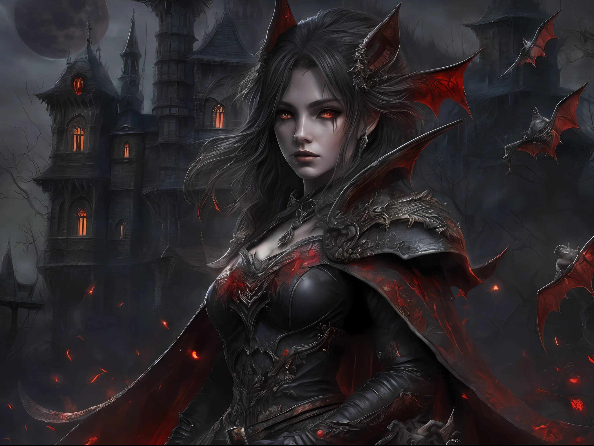 Female killers, Blood-red moon, Black night, Fortress of fantasy,Castle, rays of moonlight, There are bats, Dark style, A masterpice, Sony FE GM, Masterpiece, High details, Textured skin, Best quality