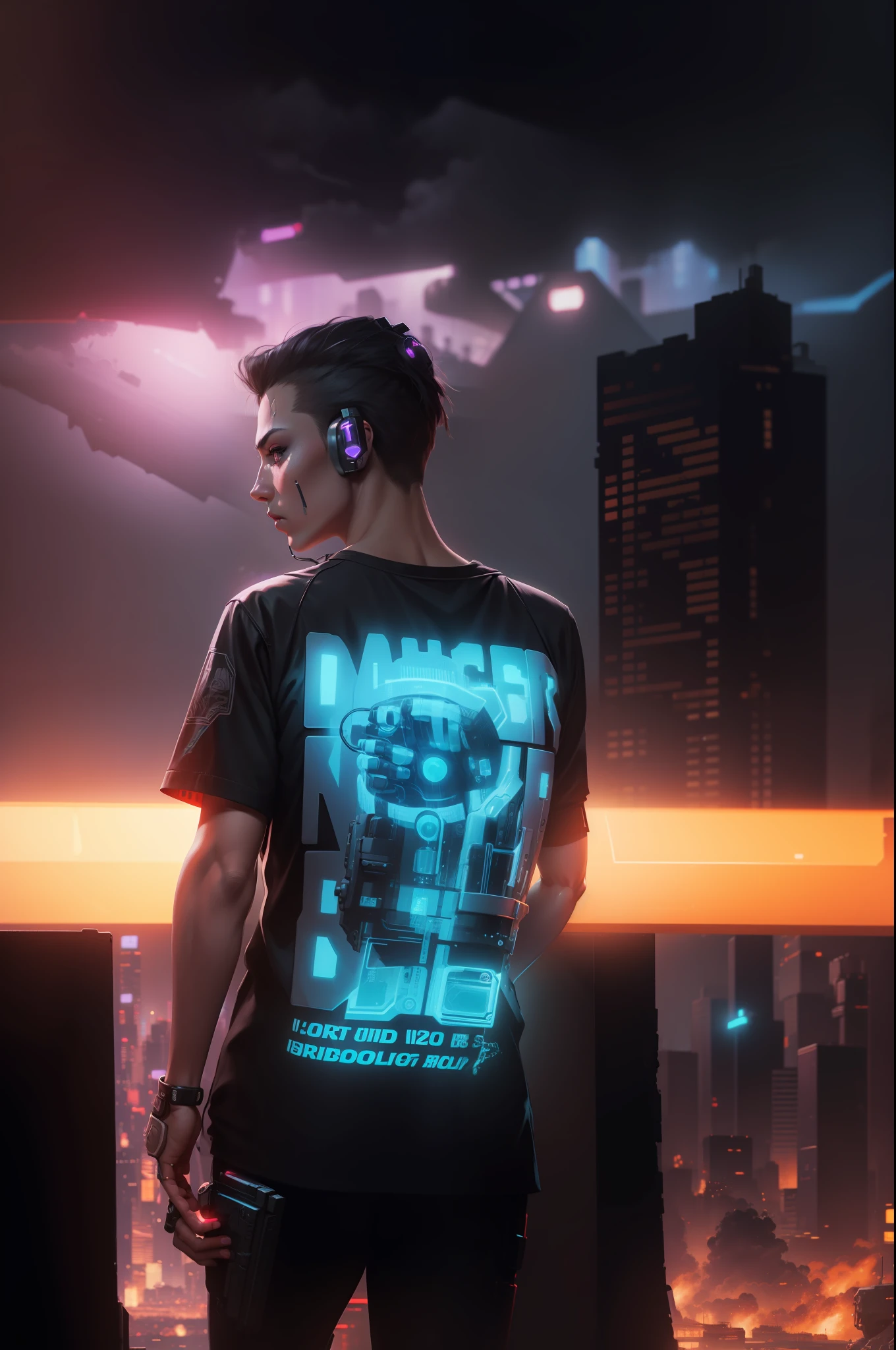 Half robotic body, cyberpunk background, with gun in hand