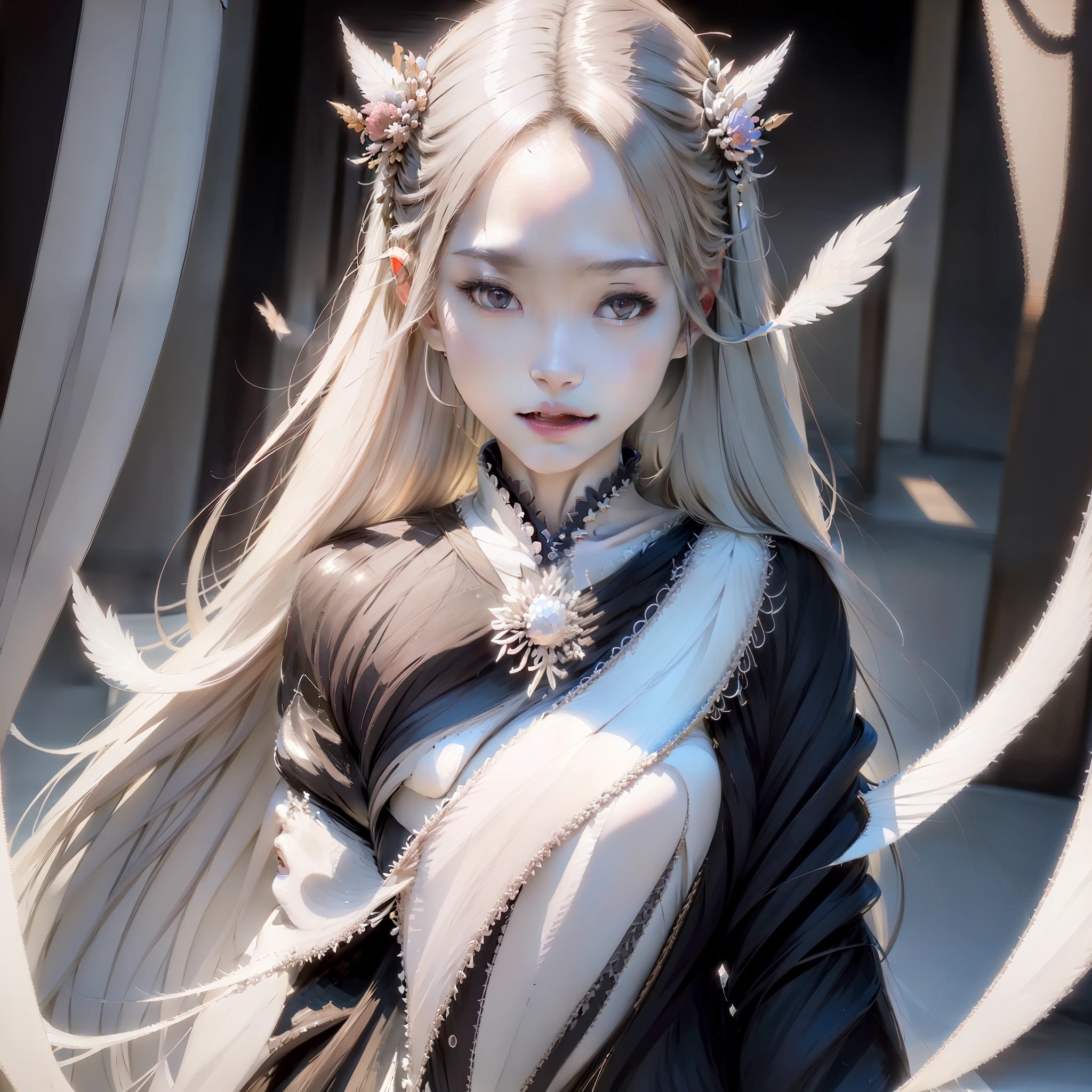 asiagirl, Huge white wings are born on the back, Silver hair, Long hair, Absurdly long hair, comb over, widow peak, Halo, feathers hair ornament, Moles under eyes, Colored Contact Lenses, long eyelasher, jitome, Light smile, surrealism, High detail, Verism, cubismo, reflective light, stereograms, Chiaroscuro, diffraction spikes, Lens flare, Close-up, symetry, From above, hatching (Texture), Anatomically correct, Anatomically correct, Textured skin, Super detail, High details, High quality, Best quality, 4K