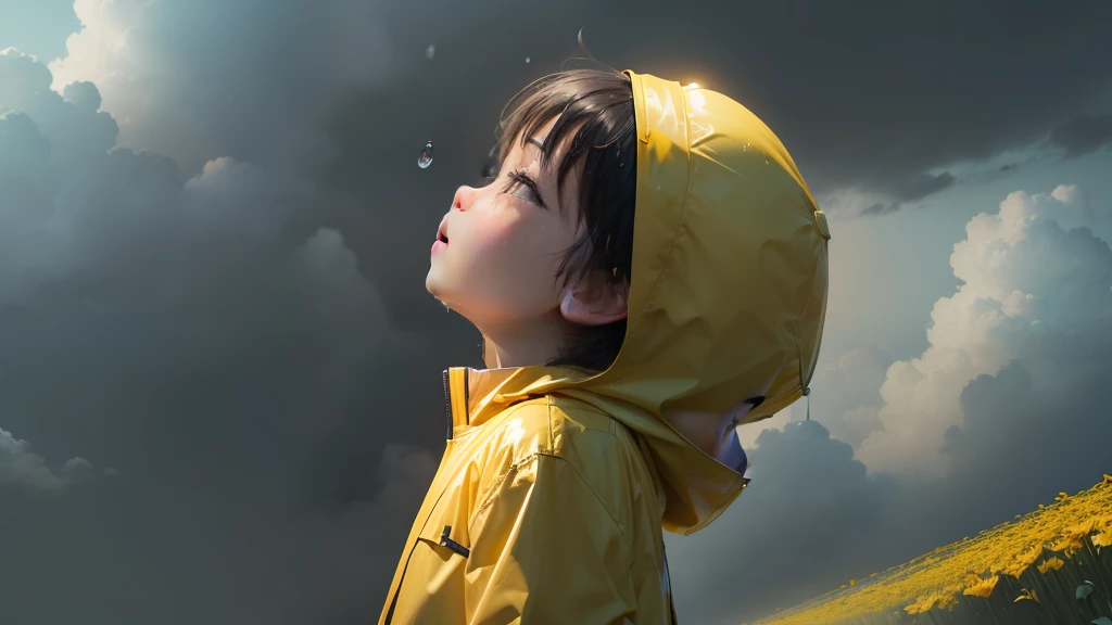 Sky after rain、Yellow raincoat、small ???、Looking Up at the Sky、Wet flowers