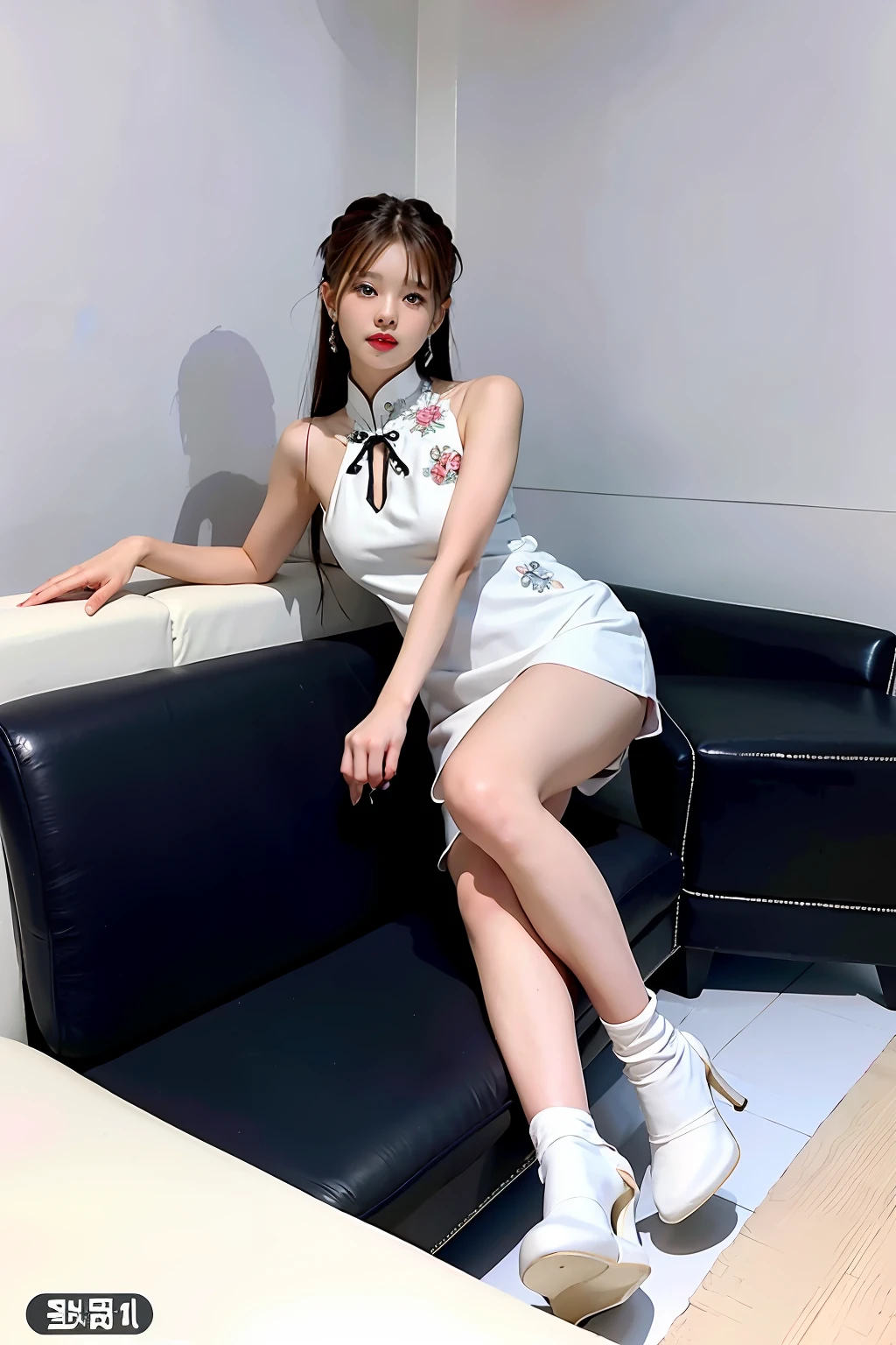 Close-up of a woman in a white dress sitting on a sofa, lalisa manobal, full-body xianxia, lalisa manoban of blackpink, shaxi, Yoshitomo Nara, hwang se - on, wearing white clothes, park jimin, Cheongsam, cute elegant pose, Personal shot