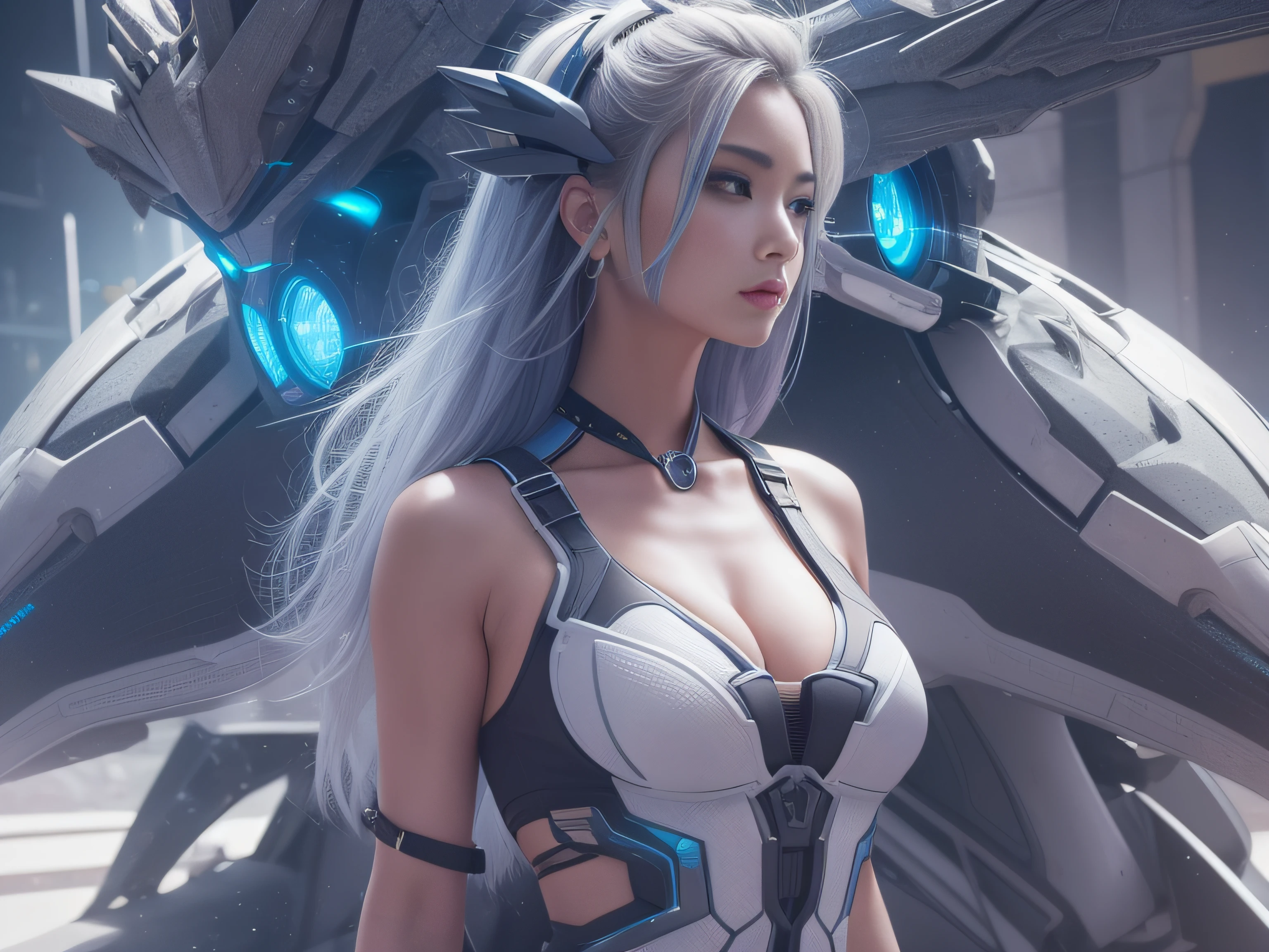 Highest image quality,Outstanding details,超高分辨率,(Fidelity:1.4), Favor the details,closeup cleavage,The background is a scene of a cosmic celestial body,High-tech dragon knight mech,He has a delicate and beautiful face,((Blue-white flying semi-mechanical fuselage:1.8)),high-tech weapon,Raised sexy,frontage,cyber punk perssonage,Futuristic,mechanically aesthetic,Virtual Engine 5,Perfect detail rendering,rendering by octane,hyper HD