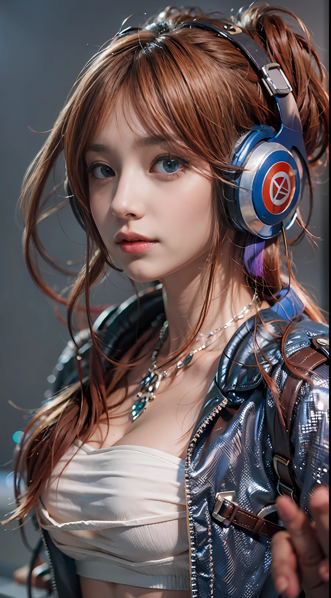 （（dressed casually、Long、Long bangs、red hair、eBlue eyes、Colorcon、Big blue headphones around your neck））、（NSFW、8K、RAW photography、top-quality:1.4、A high resolution:1.4、tmasterpiece:1.4）、（hyper realisitc:1.4）、1girll、hentail realism、The ultra-detailliert、Photorealsitic:1.4、unbelievable Ridiculous、ulzang-6500-v1.1:0.33、closeup cleavage、Floating hair、Soft light、Cinema lights、filmgrain、full bodyesbian、depth of fields、blurred back、bokeh dof:1.4、eyes focus、angle of view、85mmレンズ、f/1.4、profesional lighting、lense flares、Luminous Particle:0.6、Professional Writing、porate:0.6、photon maping、Radio City、physically-based renderingt、Transparency、one-girl、well-styled、light-skinned:1.1、Cute Baby Turtle:1.5