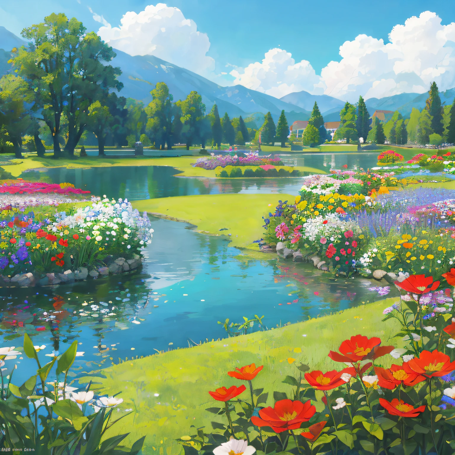 flowers,garden,lake