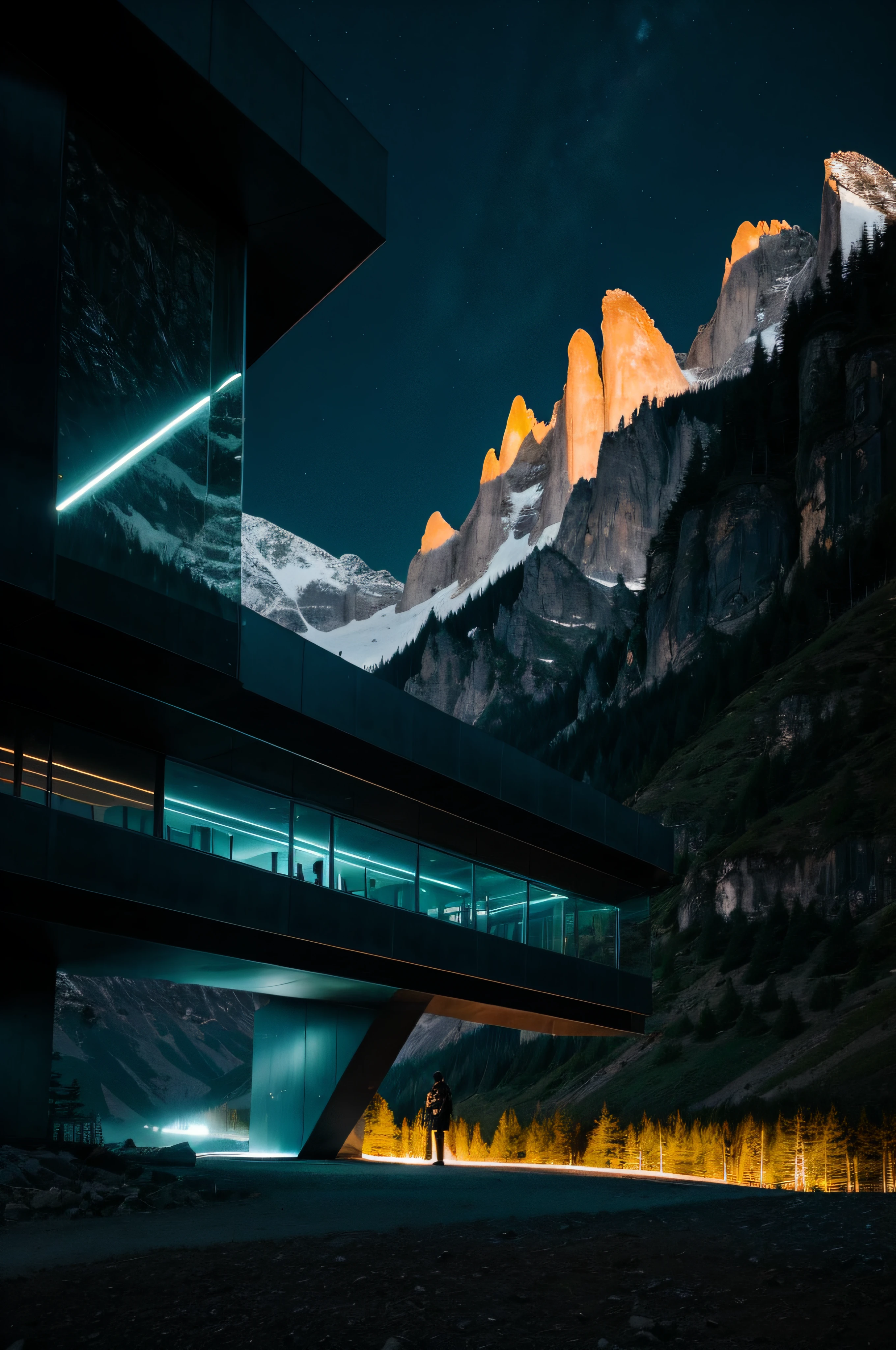 RAW photo, nature, epic futuristic building in the center, dark, fade, warm, glow at night, raw, hdr, (mountains:1.3), traveler clothes, standing in the forest, natural skin, 8k uhd, high quality, film grain, Fujifilm XT3