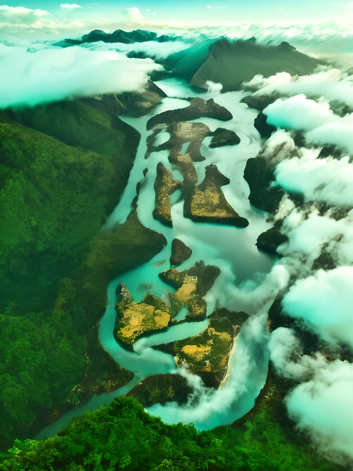 (viewed from bird's-eye,overhead photography),mountain peaks,Meandering,(rios),Clouds,(Complicated details),hdr,(Complicated details,ultra - detailed:1.2),Cinema lenses,Vignette,at centre
