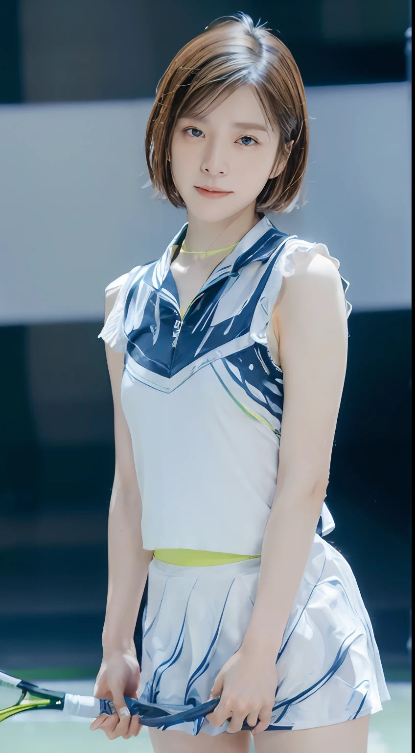 1 girl in(8K、Raw photography、top-quality、masterpiece:1.2)、(realisitic、realisitic:1.37)、ultra-detailliert、Low Angle Full Body Shot、tennis coat、Short tennis wear、Sleeveless、realistic eyes and face details、natural skin textures、(((thighs thighs thighs thighs、decolletage、upper arm)))、Fair skin、A detailed face、真实感、Realistic background、Realistic lighting、short cut hair、Playing tennis while holding a tennis racket、Sweaty skin