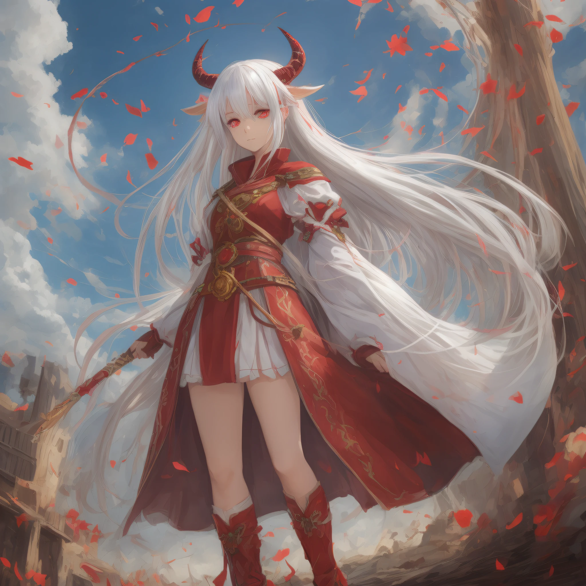 Anime girl, eyes shining like red beads between white hair, feet fluttering in the wind, dragon horns standing proudly. --auto --s2