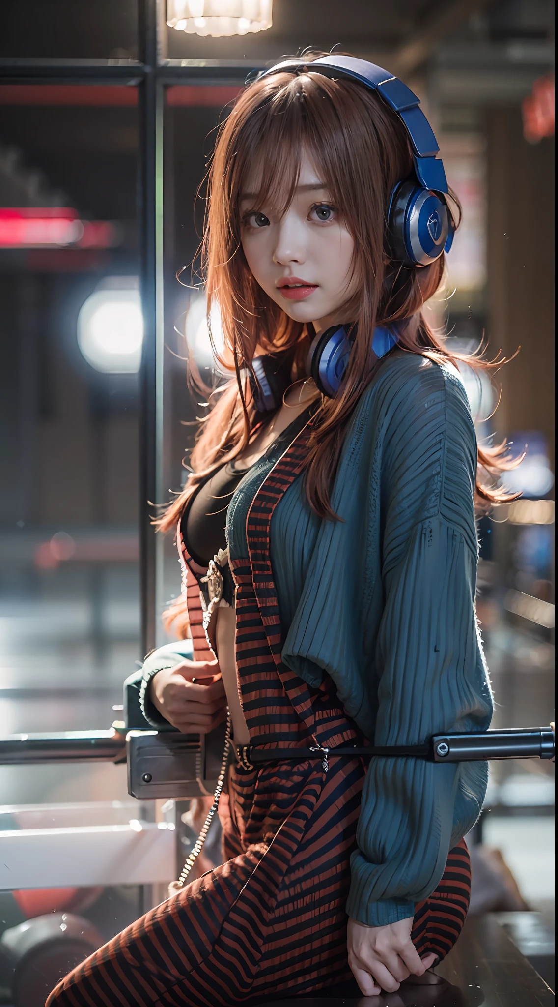 （（dressed casually、Long、Long bangs、red hair、eBlue eyes、Colorcon、Big blue headphones around your neck））、（NSFW、8K、RAW photography、top-quality:1.4、A high resolution:1.4、tmasterpiece:1.4）、（hyper realisitc:1.4）、1girll、hentail realism、The ultra-detailliert、Photorealsitic:1.4、unbelievable Ridiculous、ulzang-6500-v1.1:0.33、closeup cleavage、Floating hair、Soft light、Cinema lights、filmgrain、full bodyesbian、depth of fields、blurred back、bokeh dof:1.4、eyes focus、angle of view、85mmレンズ、f/1.4、profesional lighting、lense flares、Luminous Particle:0.6、Professional Writing、porate:0.6、photon maping、Radio City、physically-based renderingt、Transparency、one-girl、well-styled、light-skinned:1.1、adolable:1.5