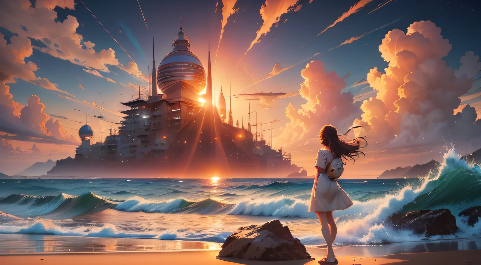 Escena de anime de una persona de pie en una playa al atardecer, Cyril Rolando y Goro Fujita, inspirado por Cyril Rolando, Makoto Shinkai Cyril Rolando, Cyril Rolando y M.W Kaluta, Cyril Rolando y M. W Kaluta, Al estilo de Cyril Rolando, Viendo la puesta de sol. anime, inspirado por Noah Bradley