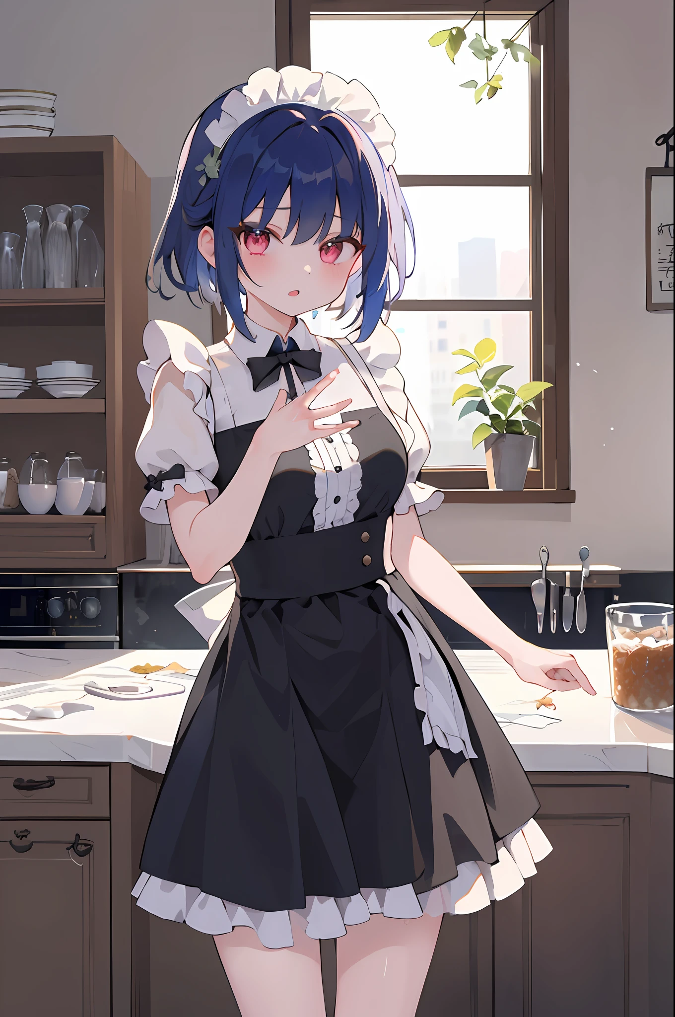 (​masterpiece, top-quality), full bodyesbian, 1girl in, 独奏, maid dress, skirt rift, In the kitchen、[[Fused fingers]], [[[multiple limbs]]]