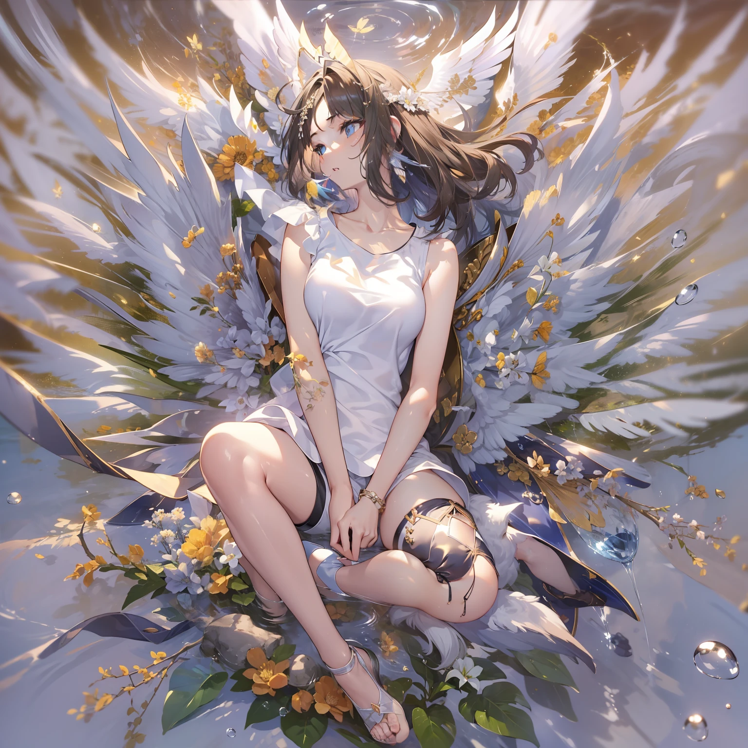 Neutral Girl、Tank Tops、tshirts、shortpants、Stockings、(((Shine one very large wing)))、The wings are shining、Eye of Desire、hiquality、high-level image quality、((Fulll body Shot))、Empty irregular water flow、The flow of water is cardboard、Particles of light floating in the sky、The particles are cardboard、ultra-detailliert, Beautifully Aesthetic, ​masterpiece, top-quality, vivd colour, wings are symmetrical
