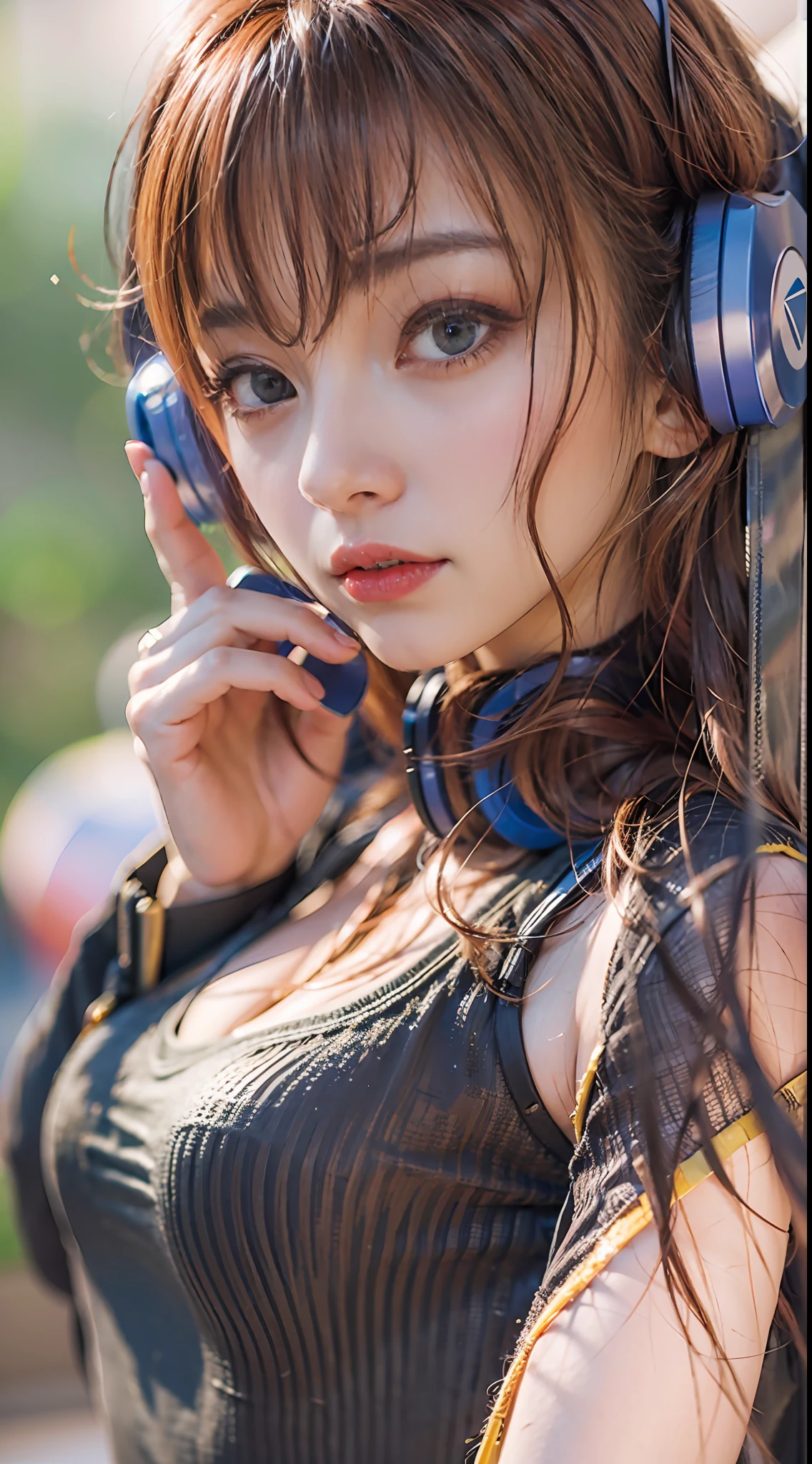 ((dressed casually、Long、Long bangs、red hair、eBlue eyes、Colorcon、Blue headphones around the neck))、(NSFW、8K、RAW photography、top-quality:1.4、A high resolution:1.4、tmasterpiece:1.4)、(hyper realisitc:1.4)、1girll、hentail realism、The ultra-detailliert、Photorealsitic:1.4、unbelievable Ridiculous、ulzang-6500-v1.1:0.33、closeup cleavage、Floating hair、Soft light、Cinema lights、filmgrain、full bodyesbian、depth of fields、blurred back、bokeh dof:1.4、eyes focus、angle of view、85mmレンズ、f/1.4、profesional lighting、lense flares、Luminous Particle:0.6、Professional Writing、porate:0.6、photon maping、Radio City、physically-based renderingt、Transparency、one-girl、well-styled、light-skinned:1.1、adolable:1.5