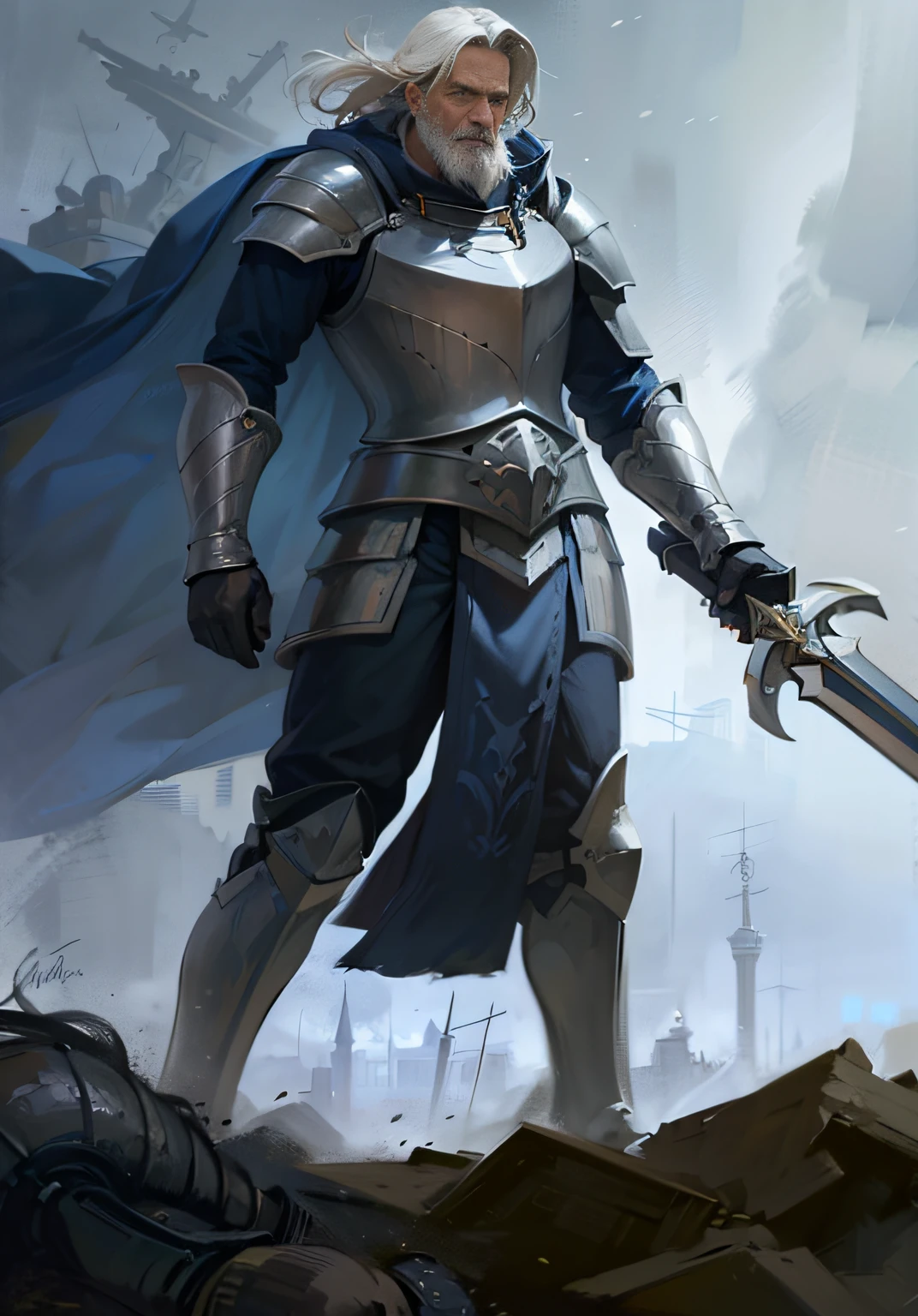 Handsome old man, A man in armor holding a sword, Male Knight of the Round Table, （sleek armor，plate armor），Cloak，a skirt，A human male paladin, concept art of a warrior, heroic fantasy character concept, armored warrior, White armor, armored knight, fantasy paladin man, escala cinza, clothed in stealth armor, Wearing battle armor, fantasy knight, fantasy character concept，Marvel，a old man、，dynamic lights，full shoot，（非常详细的 CG 统一 8k 壁纸），Trends on ArtStation，Trends on CGSociety，high detal，tack sharp focus，dramatic，GameCG