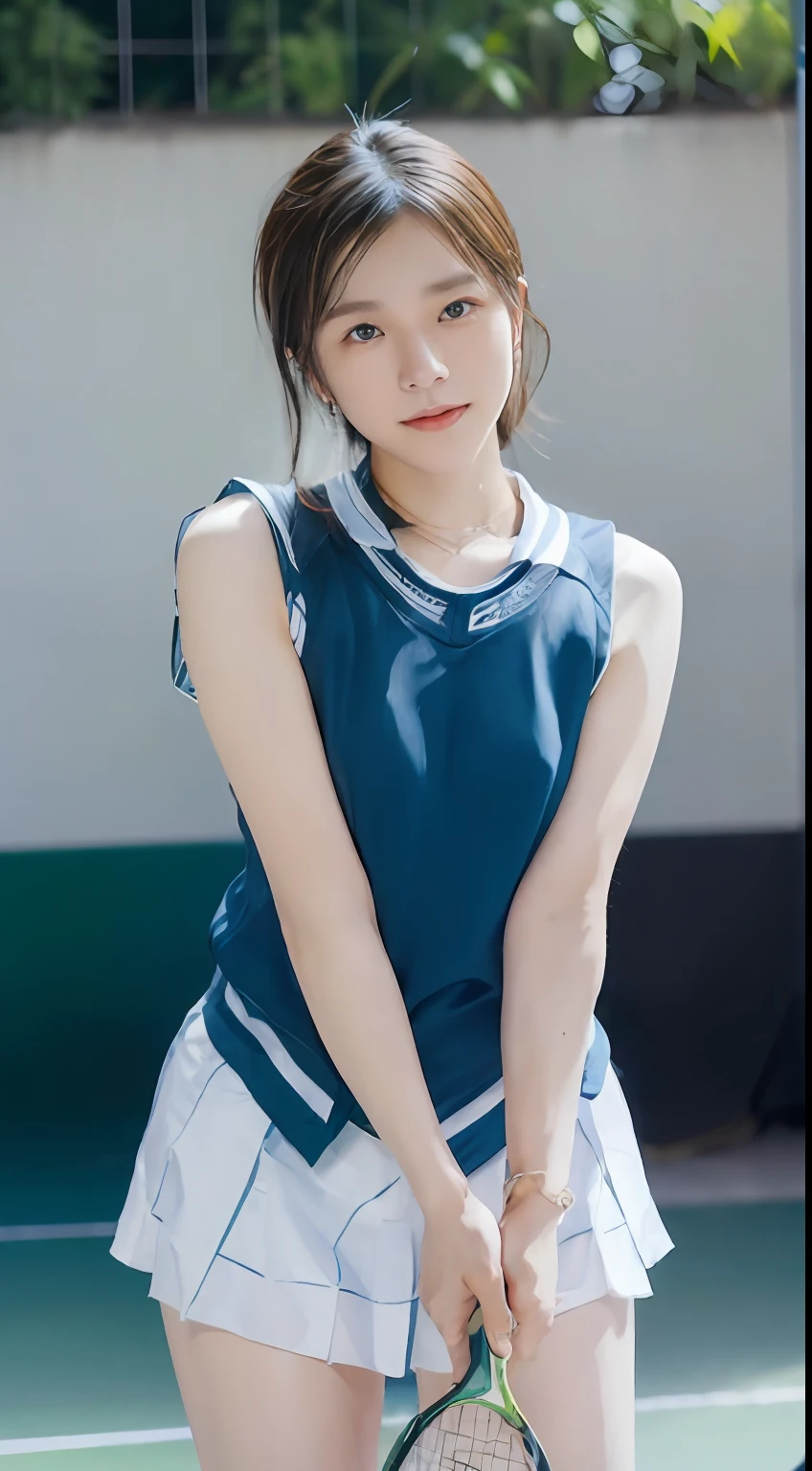 1 girl in(8K、Raw photography、top-quality、masterpiece:1.2)、(realisitic、realisitic:1.37)、ultra-detailliert、longshot、Low Angle Full Body Shot、tennis coat、Short tennis wear、Sleeveless、realistic eyes and face details、natural skin textures、(((thighs thighs thighs thighs、groin、Panchira、decolletage、Upper arm)))、Fair skin、A detailed face、真实感、Realistic background、Realistic lighting、short cut hair、Playing tennis while holding a tennis racket、Sweaty skin