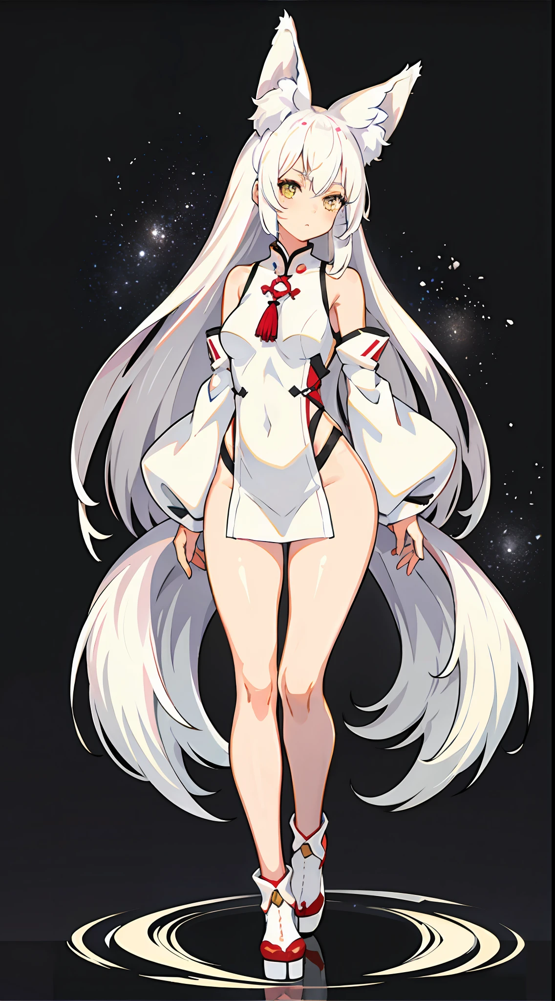 1girll, Full body like，White hair, long whitr hair，Messy hair，Translucent clothes，NSFW，White fox ears，White fox tail，比基尼，folds，folds，folds