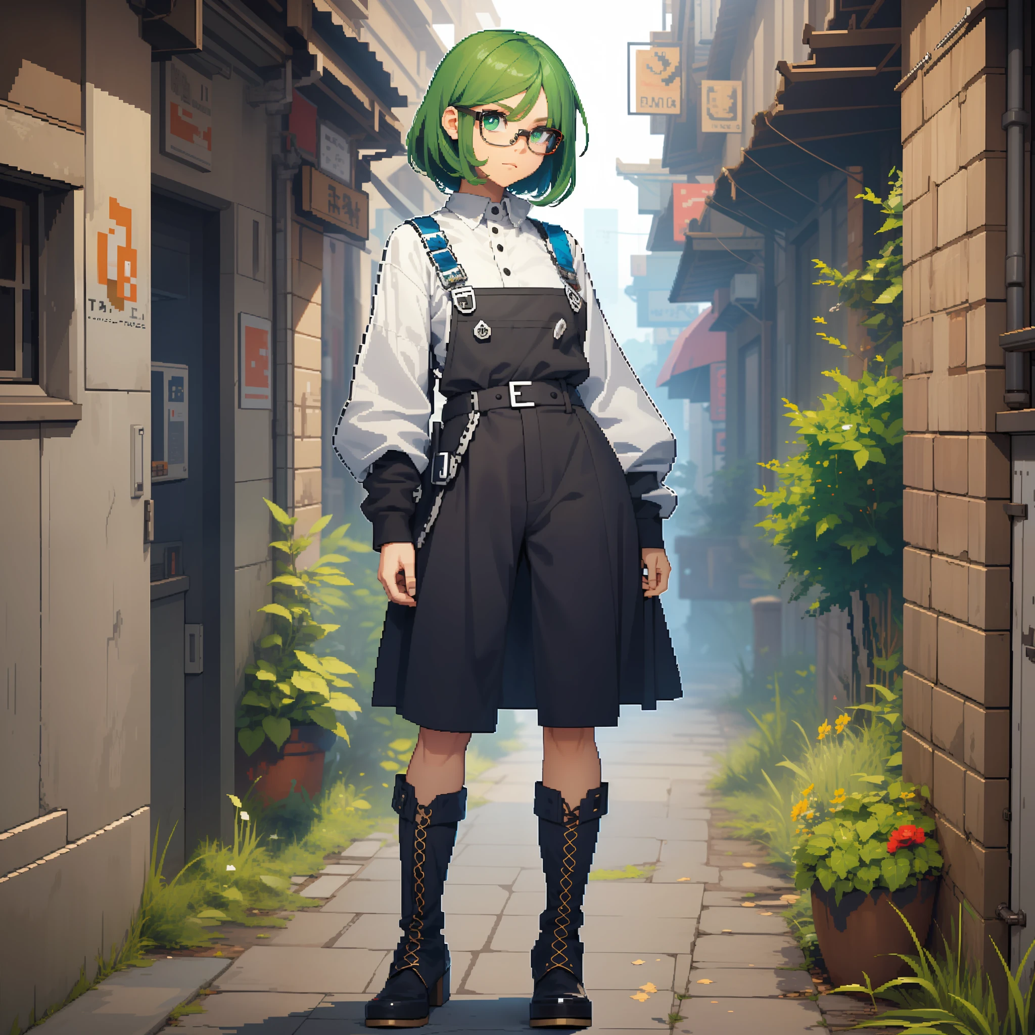 ((pixel art))(masterpiece、top-quality、top-quality)、pixels、Pixel art、1 male human、Green hair、eye glasses、Overall、full body Esbian、