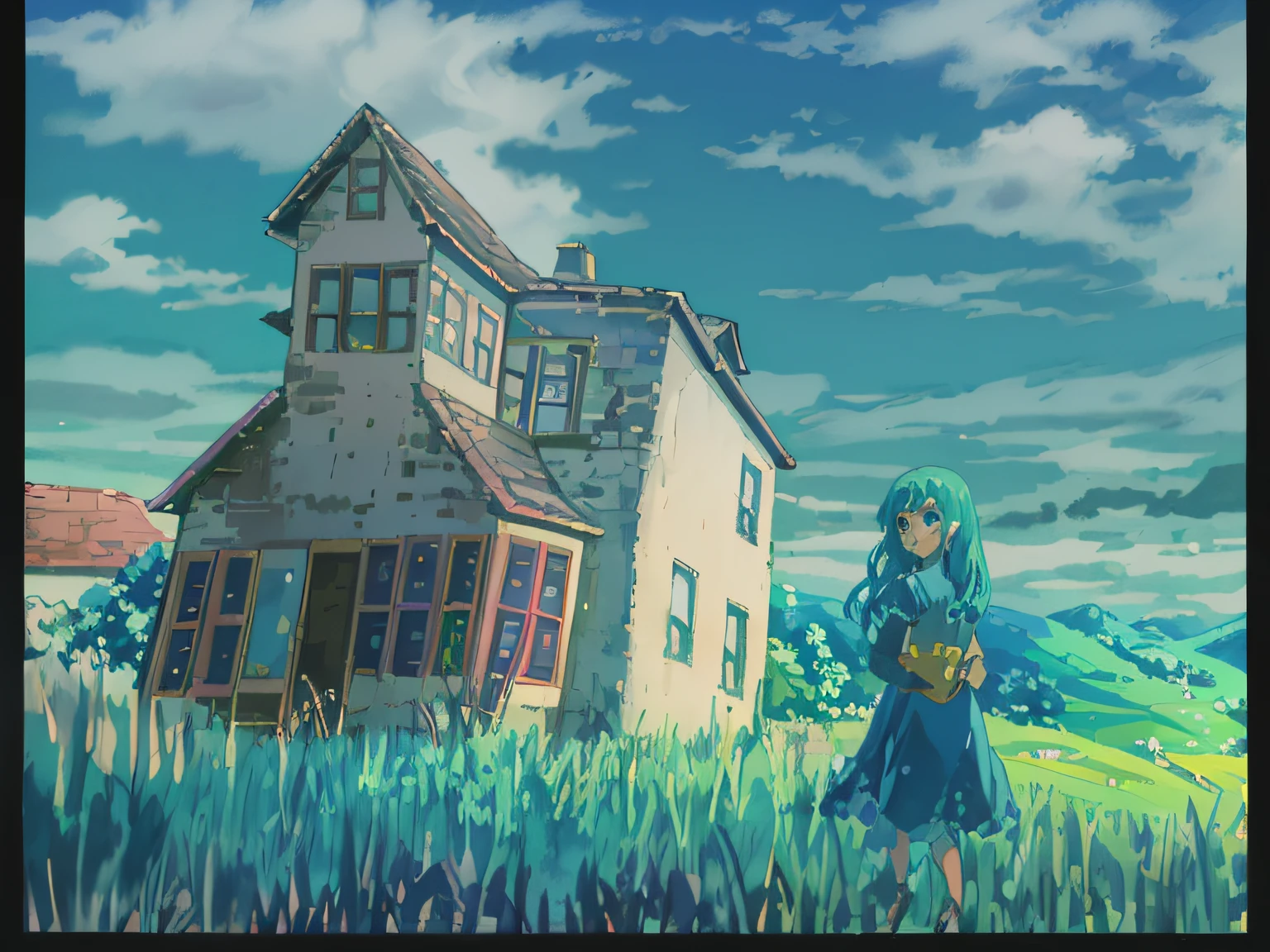 Painting a woman in a blue dress standing in front of a house, anime countryside landscape, gouache matte painting, storybook wide shot :: HD, storybook illustrations, Storybook illustration, Zelda, blurry and dreamy illustration, in an empty field, fundo de casa, colored sketch, matte illustration, storybook illustrations, made with anime painter studio, animated movie still