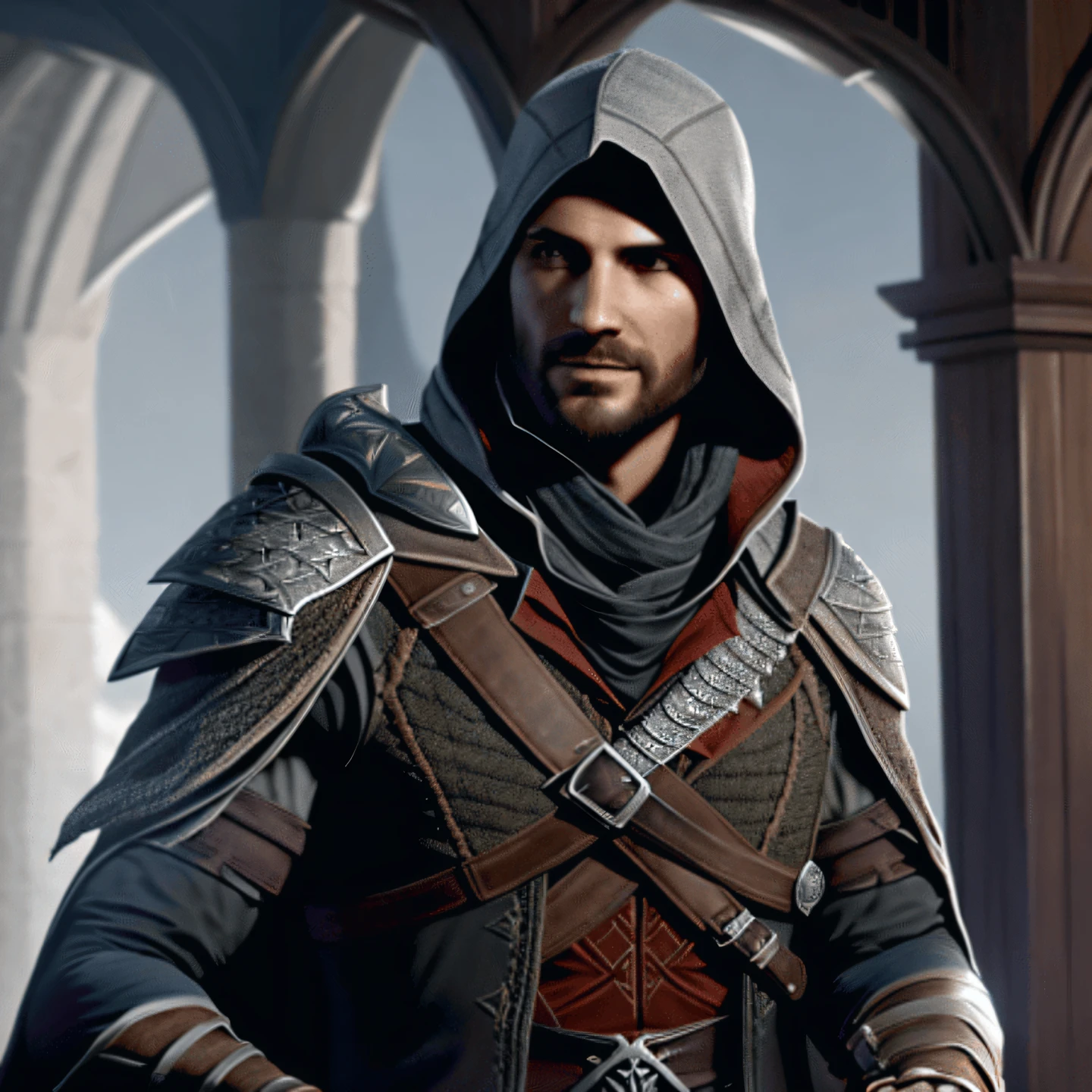 3d render of a highly detailed [Assassin’s Creed] wearing Peaked Cowl, One-Shouldered Armor, Practical Cape, and intricate details like Creed Symbol, Ungloved Hidden Blade, enhanced image, hdr, 8k, subsurface scattering, specular light, highres, octane render, ray traced, less beard, man