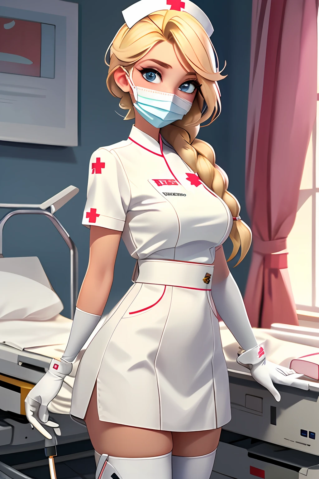 masterpiece, best quality, blonde Female nurse with a surgical mask putting on gloves at hospital, white nurse outfit