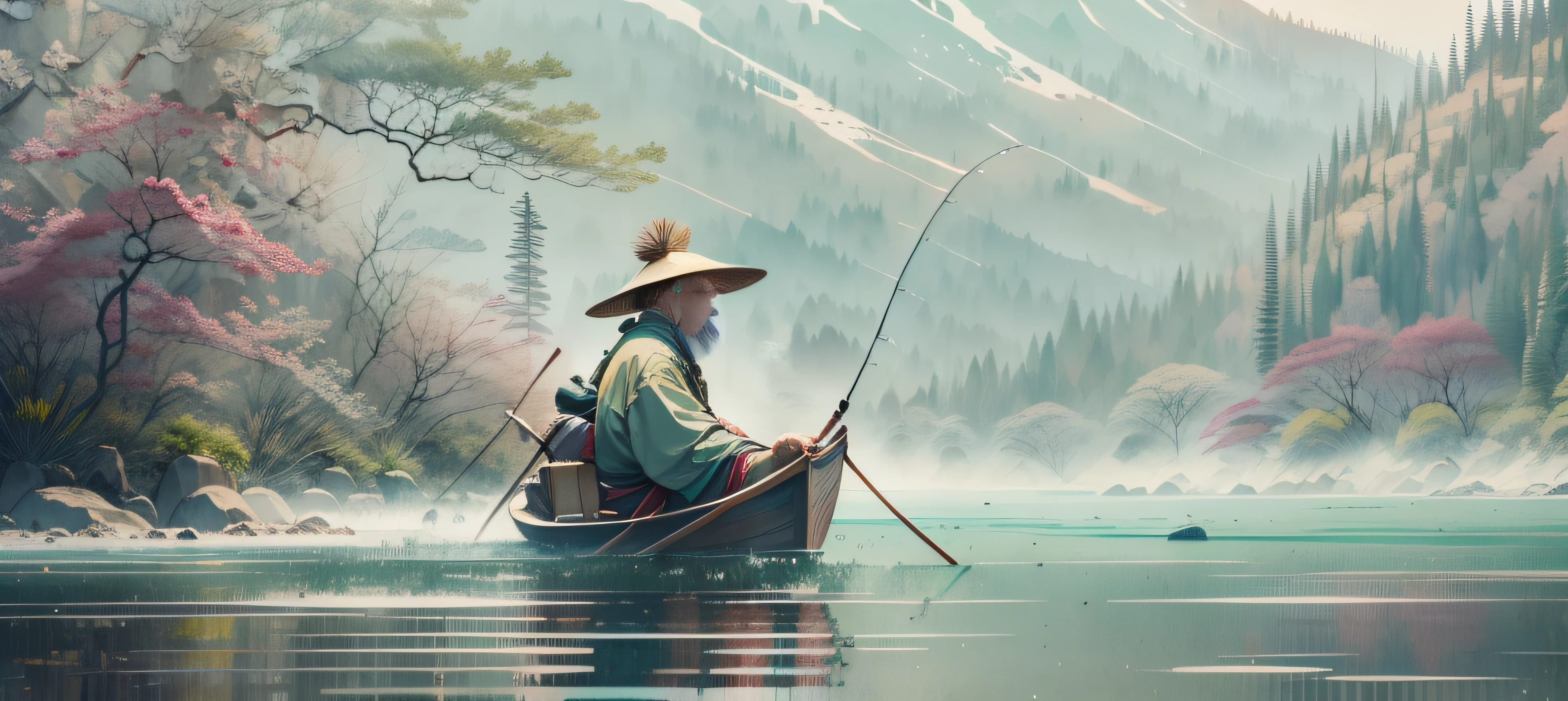 Old man,Fishing,Small boat,RiverRaincoat,Bamboo hat ,Snowy landscape
Solitude,Tranquility , Depth, Beauty of natureMeaning of life ,Oi Baishi style
