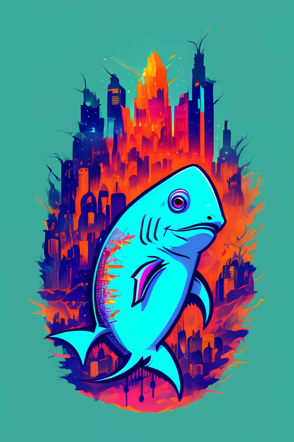 (a portrait of Cyberpunk Shark with colorful fluid l:1) ,  t-shirt logo in the style of tapered  fine outline,  orthographic-view, art on (empty background:1.4)Hands,