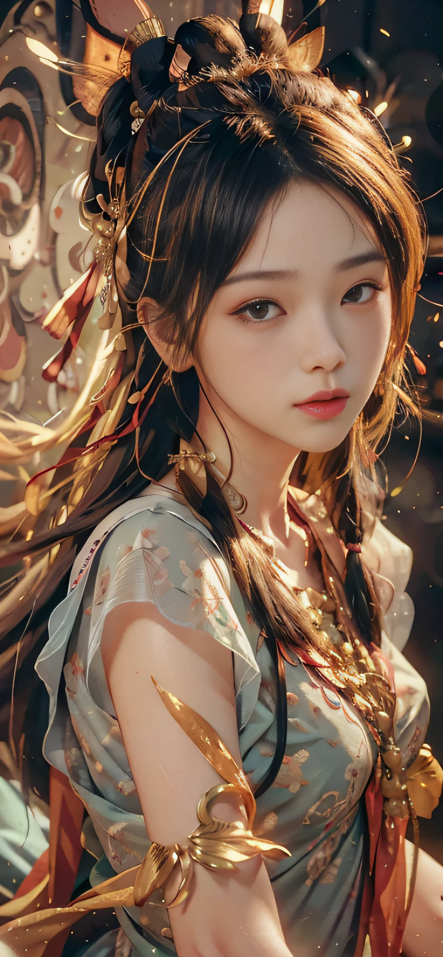 (RAW photo, best quality), (realistic, photo-realistic:1.3), best quality, highly detailed, masterpiece, ultra-detailed, illustration, 1girl, upper_body, dynamic angle, world mastery theater, messy_long_hair,best quality, extremely detailed CG unity 8k壁纸,ink,astounding,电影灯光,lens_flare,dunhuang_style,Petite