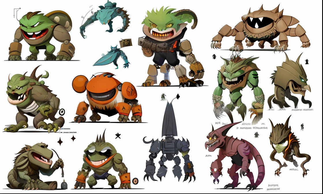 A bunch of cartoon characters are presented in various poses, colored concept art, metal slug concept art, crawling humanoid monsters, concept sheet, The concept of rejection, concept-art, concept-art, concept artwork, 《Machinary》role, sticky tar. concept-art, character concept explorations, monster character design, concept creature character art, concept - art, character concept