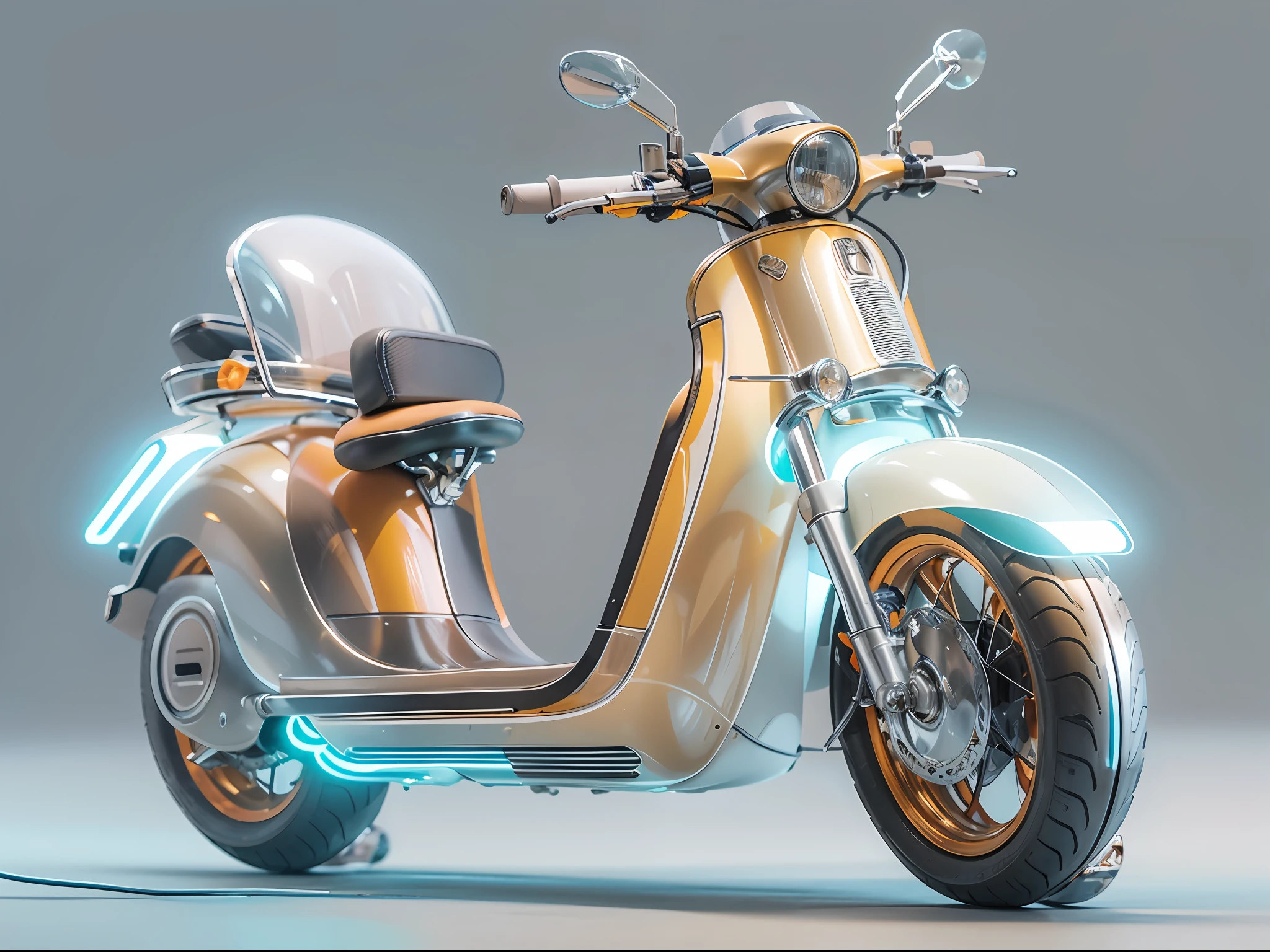 1 transparent scooter, Colored Transparent plastic, Cyberpunk, Industrial design, clean, Luminous neon lamp, White background, Surrealism, UHD, high details, best quality, 4k