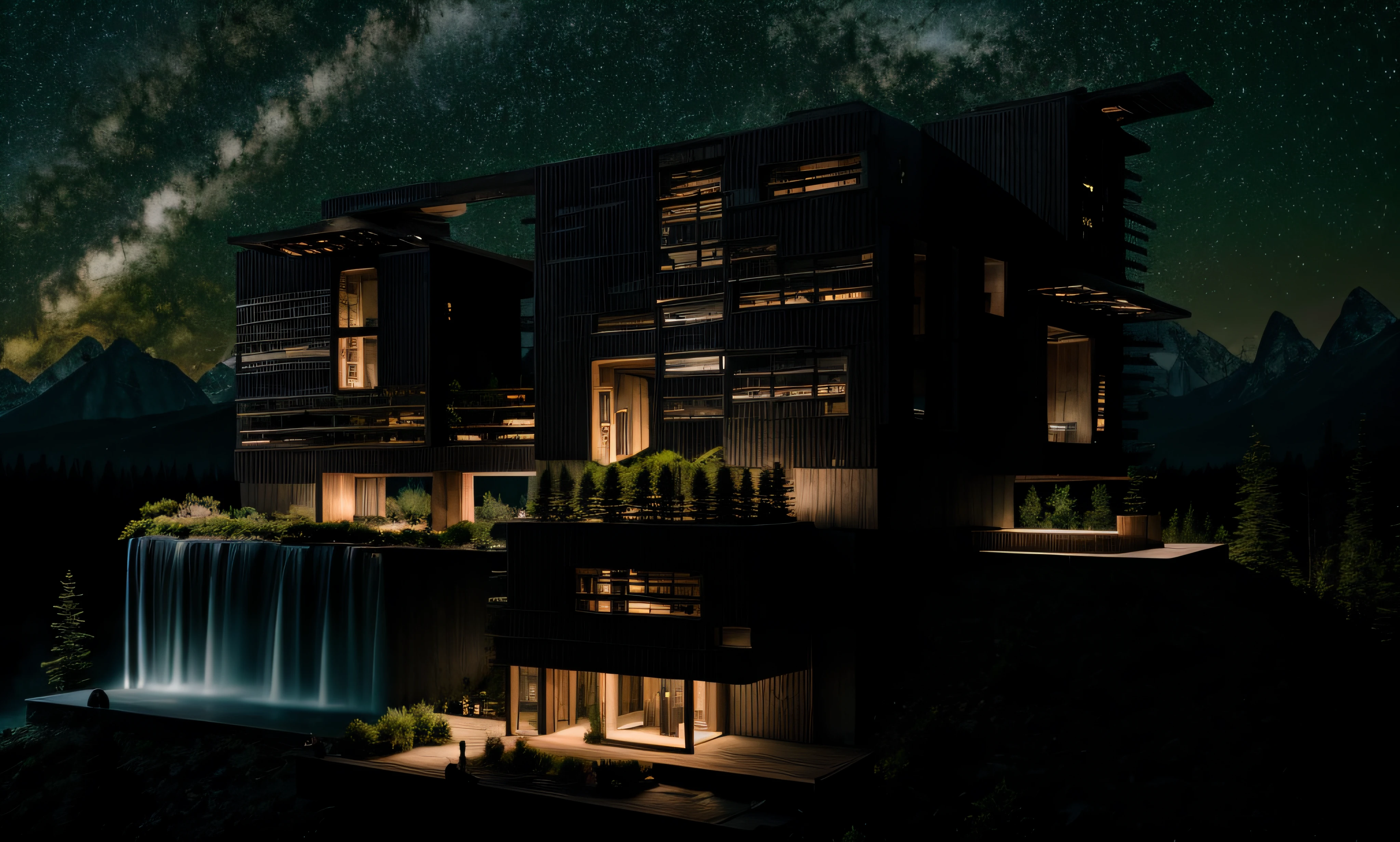 RAW photo, nature, epic futuristic building in the center, dark, fade, warm, glow at night, raw, hdr, (mountains:1.3), traveler clothes, standing in the forest, natural skin, 8k uhd, high quality, film grain, Fujifilm XT3