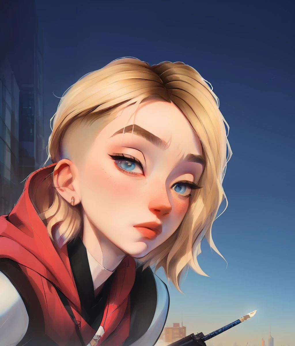 ((masterpiece)), (cinematic lighting), a close-up, beautiful stylized illustration of gwen_stacy, with a sidecut, asymetrical blonde hair, with incredibly detailed blue eyes and a beautiful detailed face, with parted lips, the side of her head shaved, bare shoulders, casual in the city, looking away, by jeremy mann, by sandra chevrier, by dave mckean and richard avedon and maciej kuciara, high detailed, 8k, samdoesart style