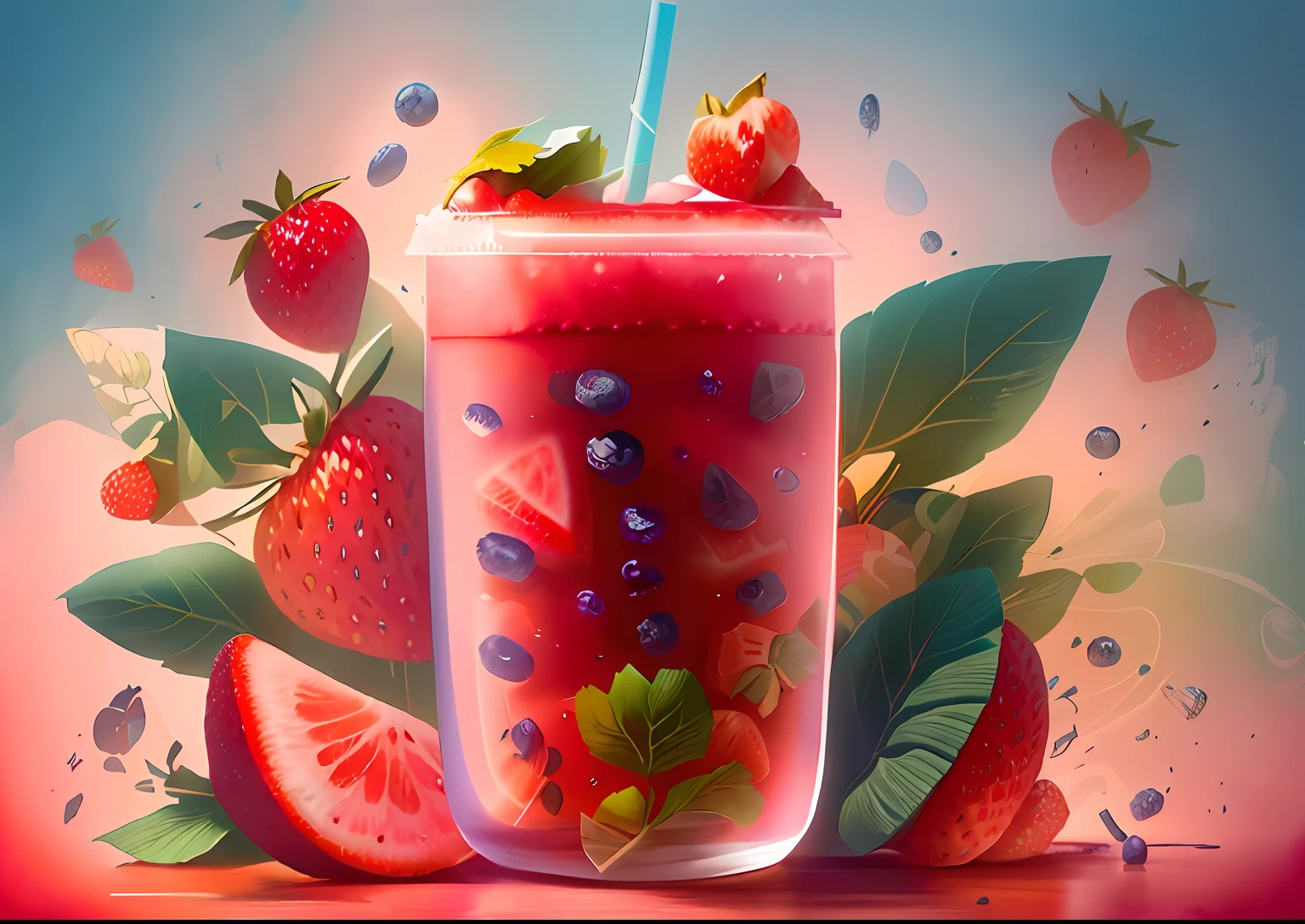 Inside there are drinks with strawberries and blueberries, Amazing food illustration, in style of digital illustration, Stylized digital illustration, stunning digital illustration, Commercial illustration, Highly detailed illustration, Stylized digital art, photorealistic illustration, 2d matte illustration, digital painting highly detailed, digital illustrations, eye-catching detailed art style, digital art illustration, Numbers washes