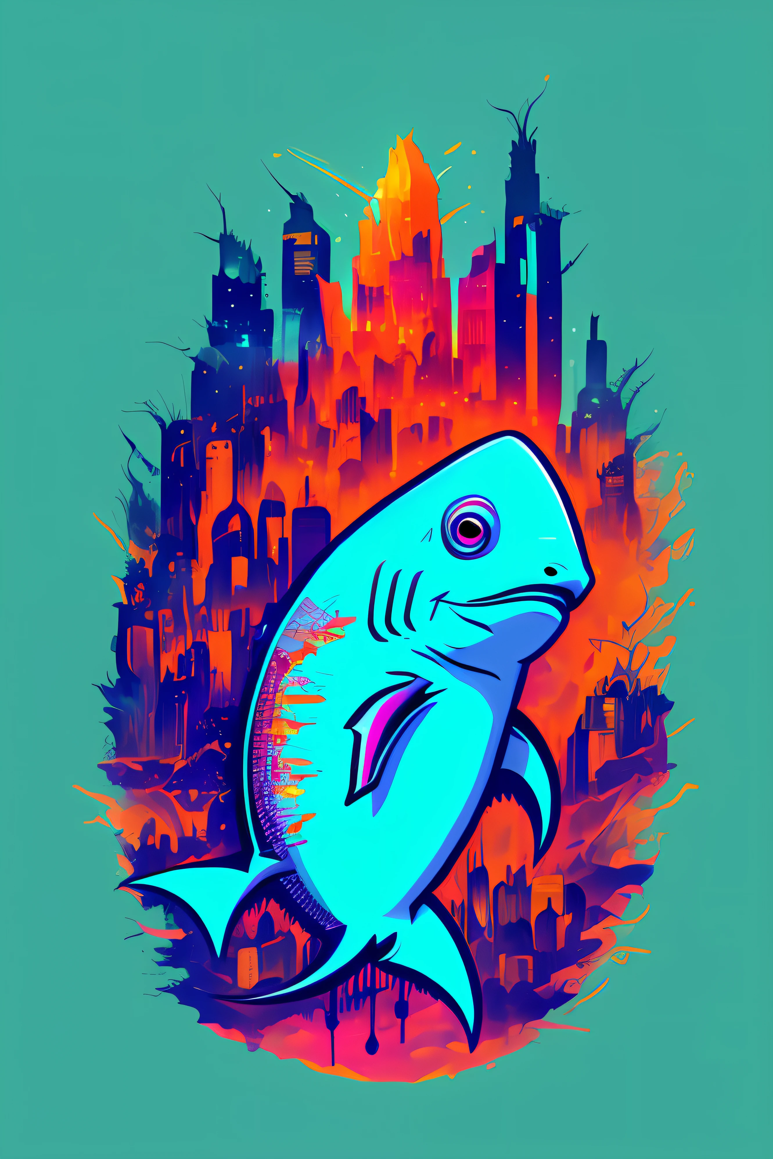 (a portrait of Cyberpunk Shark with colorful fluid l:1) , t-shirt logo in the style of tapered fine outline, orthographic-view, art on (empty background:1.4)Hands,