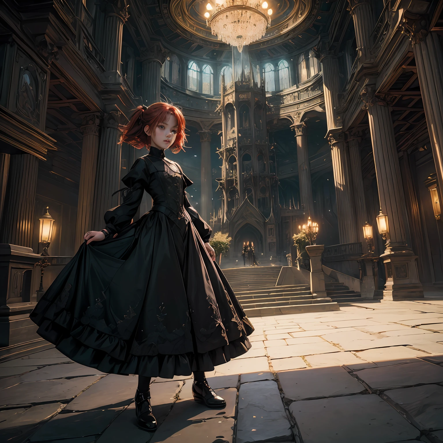 (((masterpiece)))、(((top-quality)))、((ultra-definition))、(Highly detailed CG illustrations)、((extremely delicate and beautiful))、(Delicate and Pretty Face)、concept-art、character sheets、combat scene、ciinematic light、((1little girl))、独奏、full body Esbian、(Character Focus)、steampunc、Woman with red hair and striking green eyes、Fleeing from enemies、Relegated to the top of the tower、The long black dress is turned upside down、