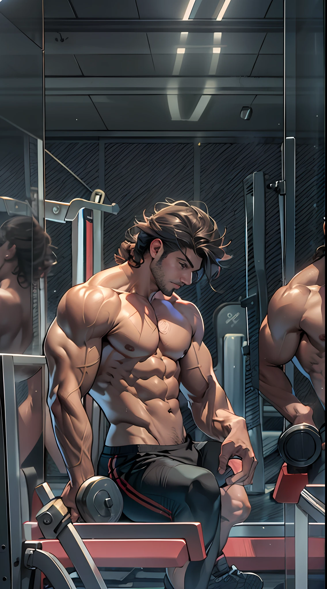 Muscular athlete, bare chest, lower body uncovered from thighs to feet, long flowing curls, meticulous muscle definition, lifelike portrayal, 4K quality. Background: Modern gym with exercise equipment and mirrors,32k uhd, best quality, masterpiece, super detail, high details