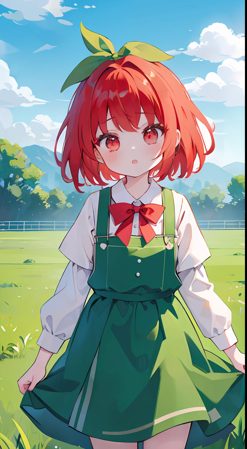 One girl、red hairs、Green suspender skirt、red blouse、Tomato hem on the head、cute little、grass field