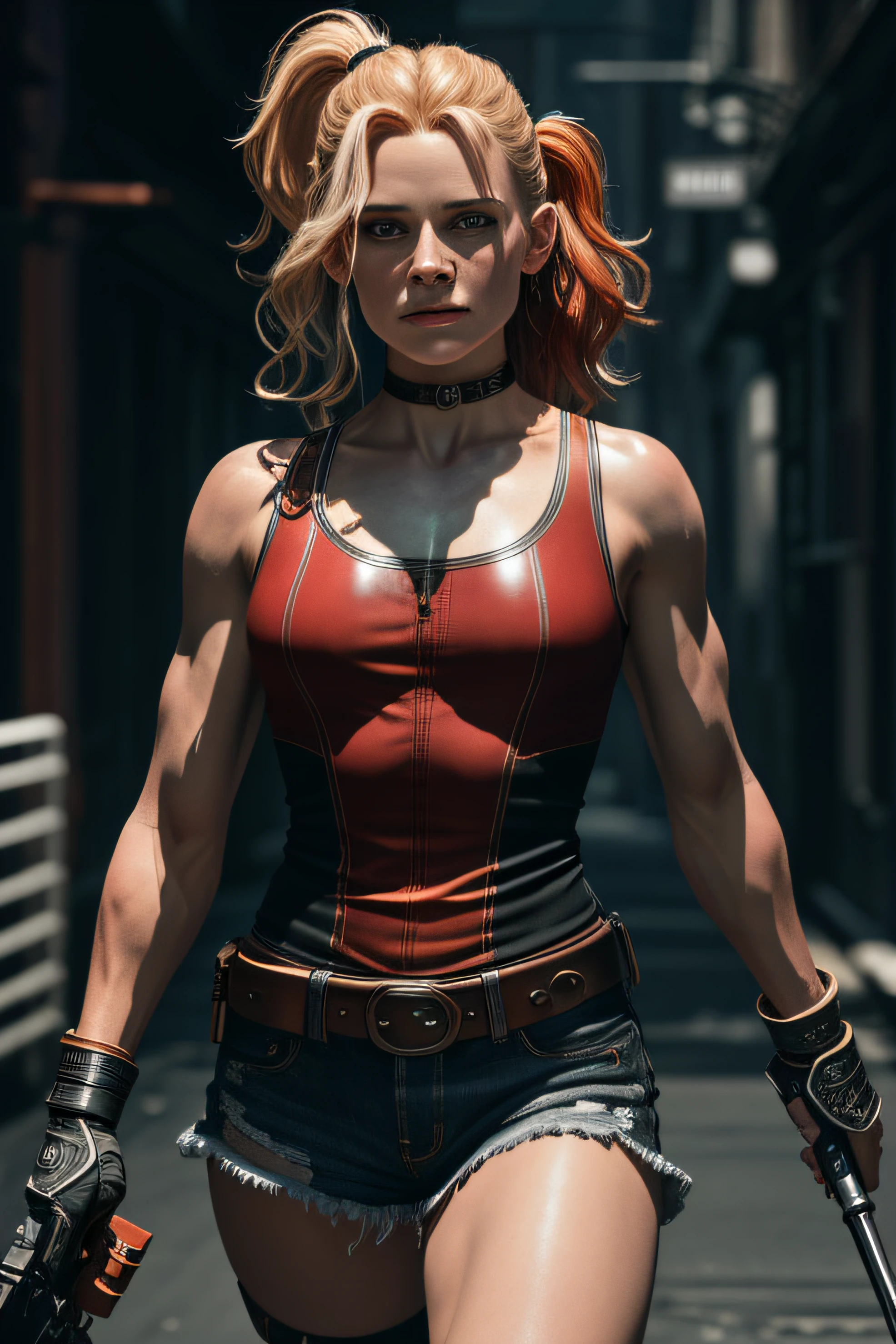 (8k, RAW photo, best quality, masterpiece:1.2), ultra detailed, official art, photo-realistic:1.37, upper body shot, Harley Quiin, film grain, action pose